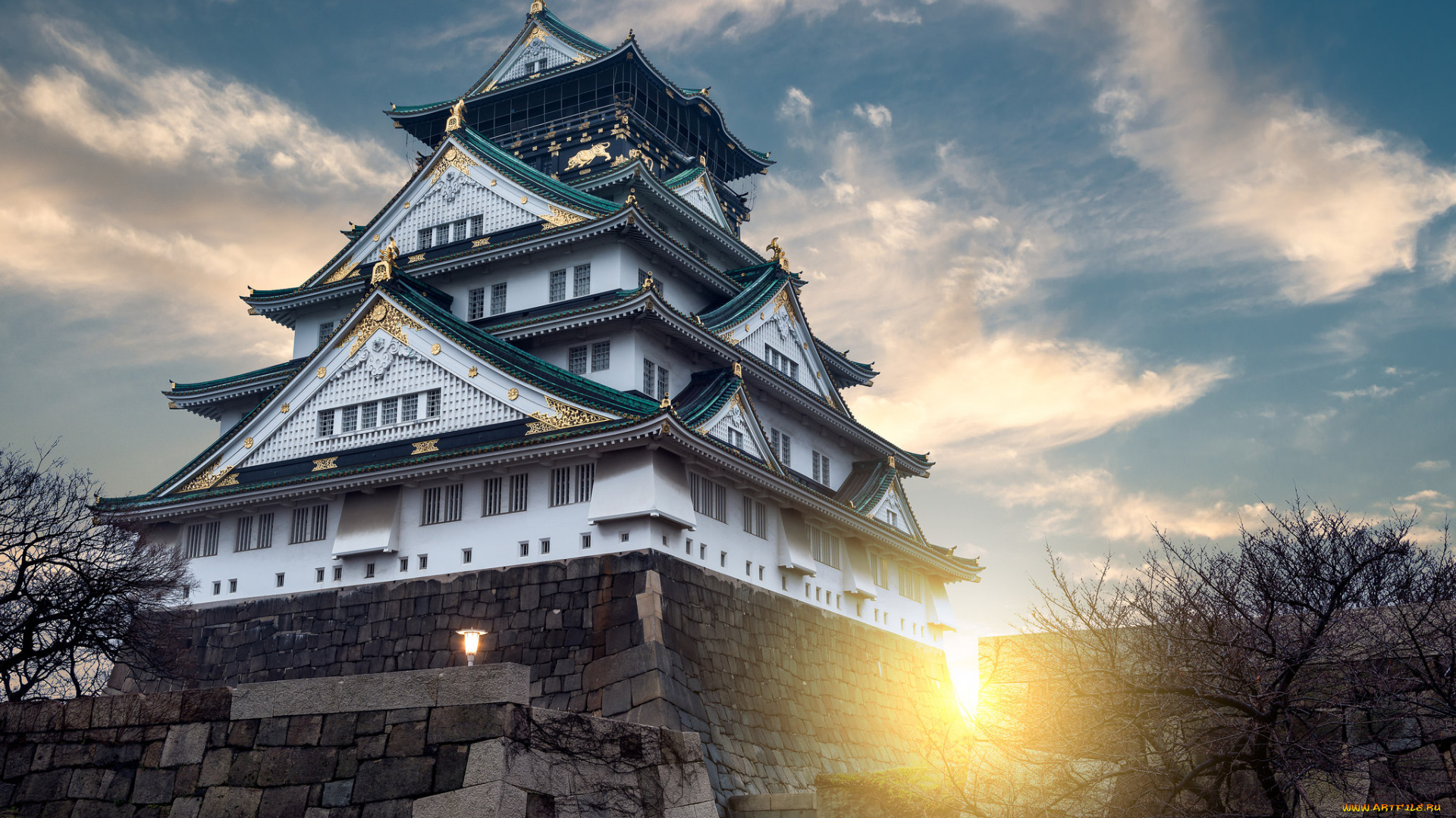 osaka, castle, города, замки, Японии, замок, рассвет