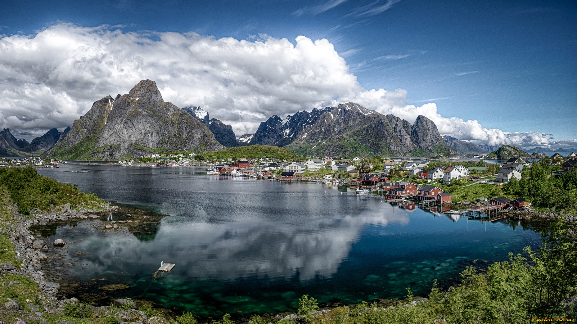 reine, города, -, пейзажи, горы, залив, городок