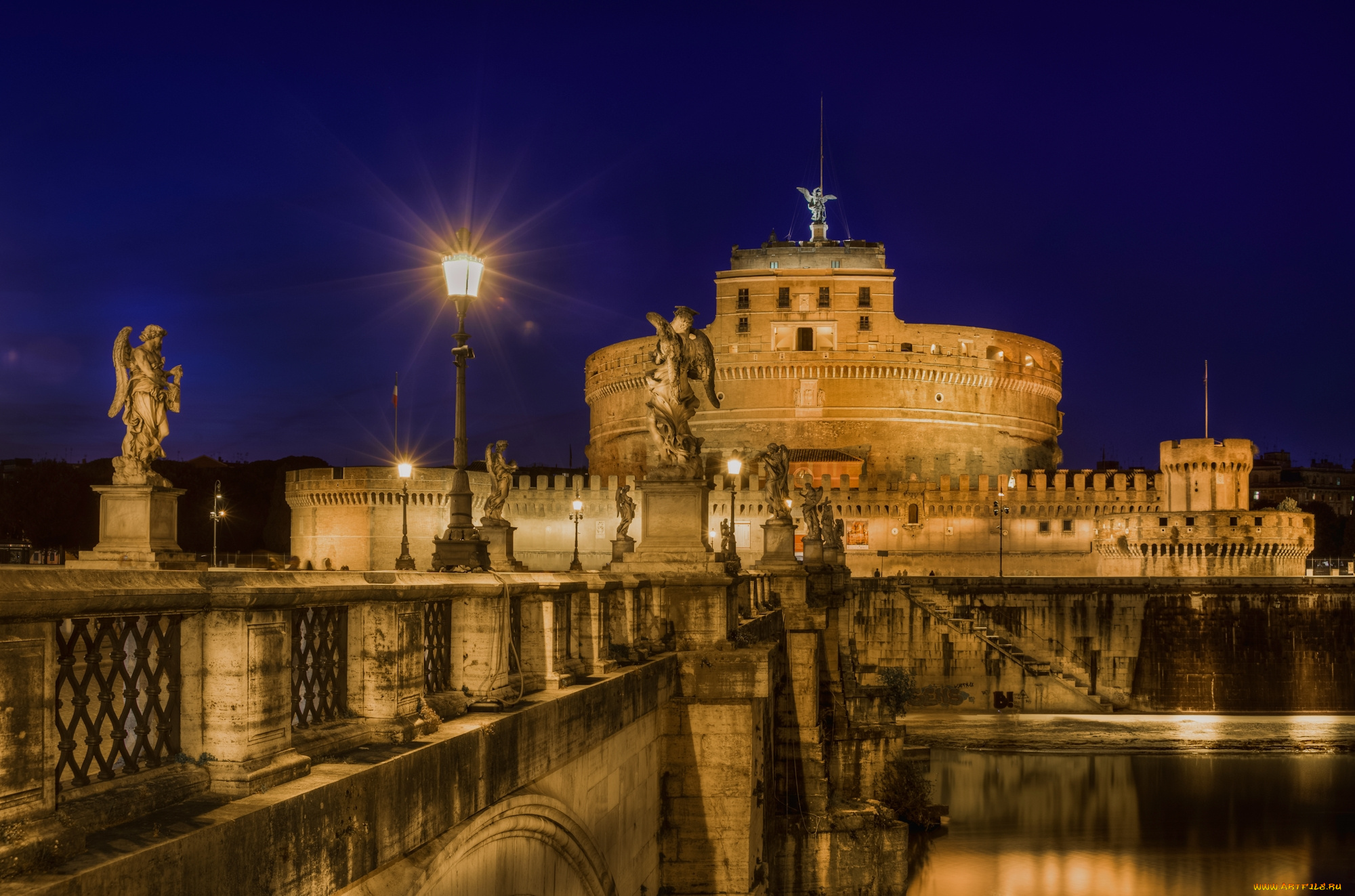 castel, sant, `angelo, города, рим, , ватикан, , италия, ночь, мост, замок