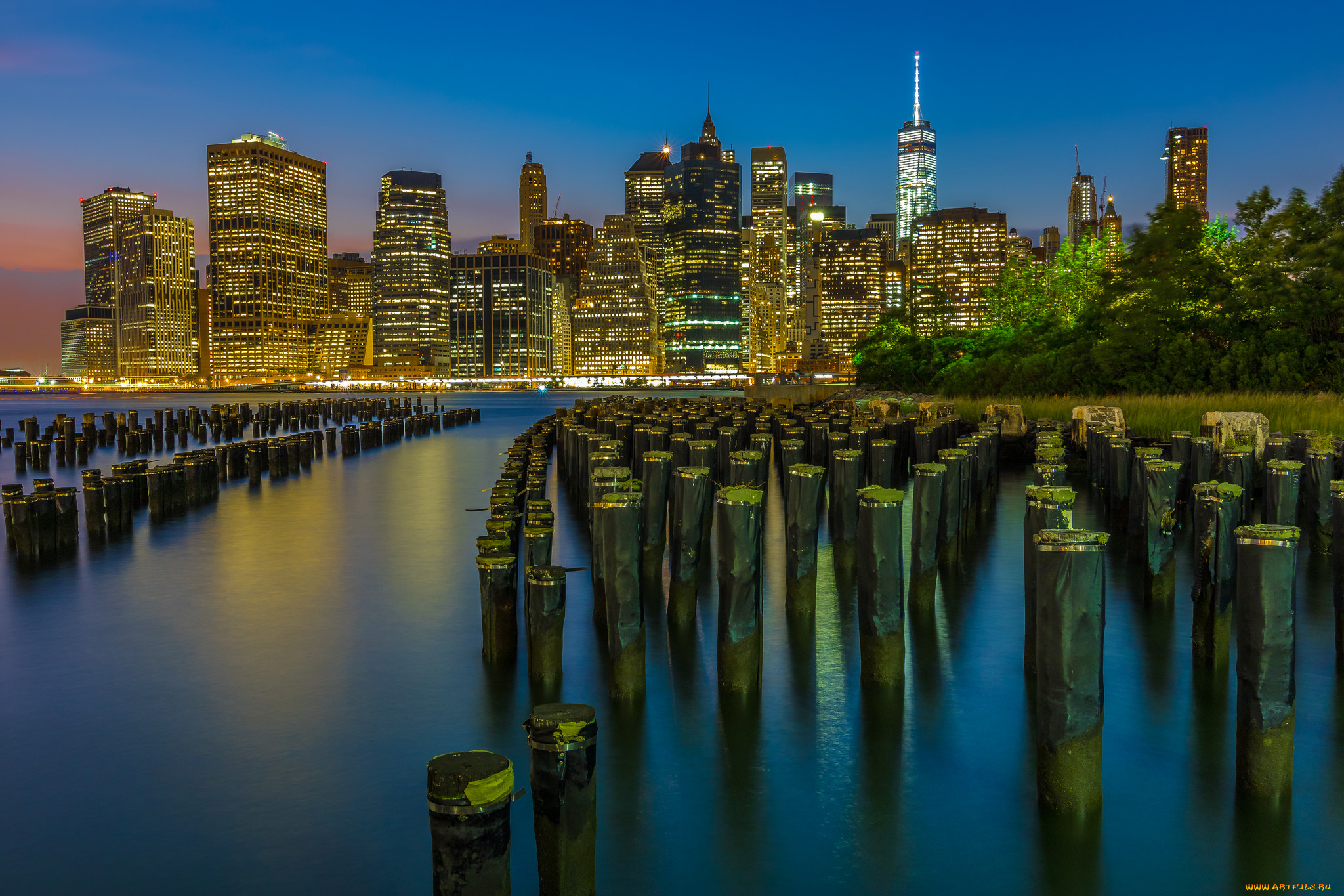 brooklyn, bridge, park, города, нью-йорк, , сша, небоскребы, сваи, залив, ночь, огни