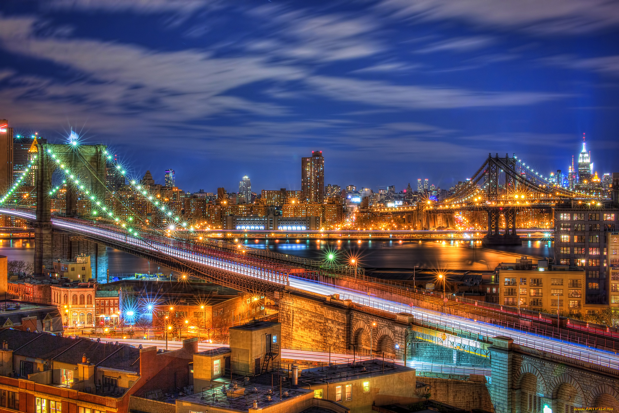 new, york, city, города, нью-йорк, , сша, ночь, река, мосты, огни
