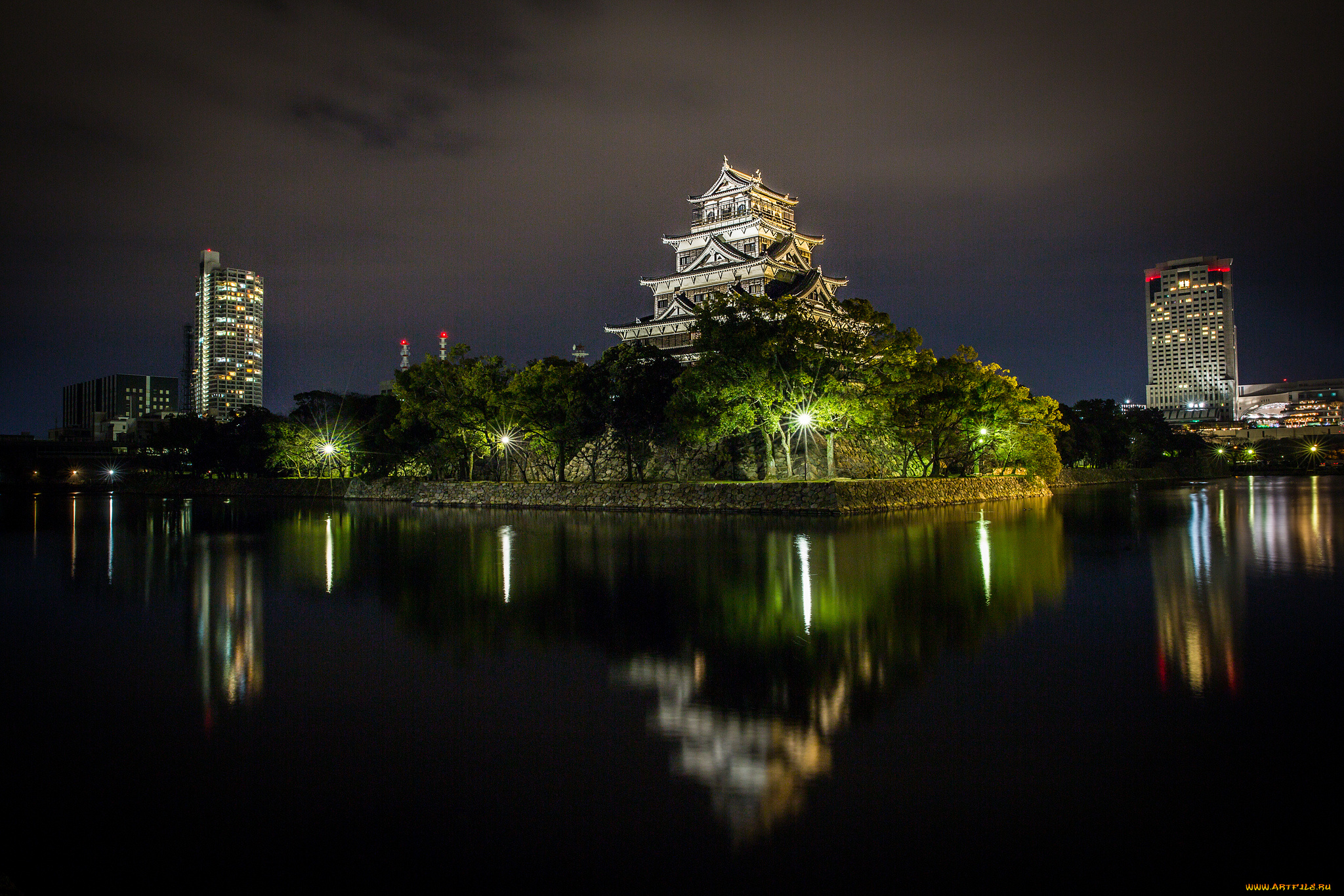 hiroshima, castle, города, замки, Японии, замок, водоем, ночь