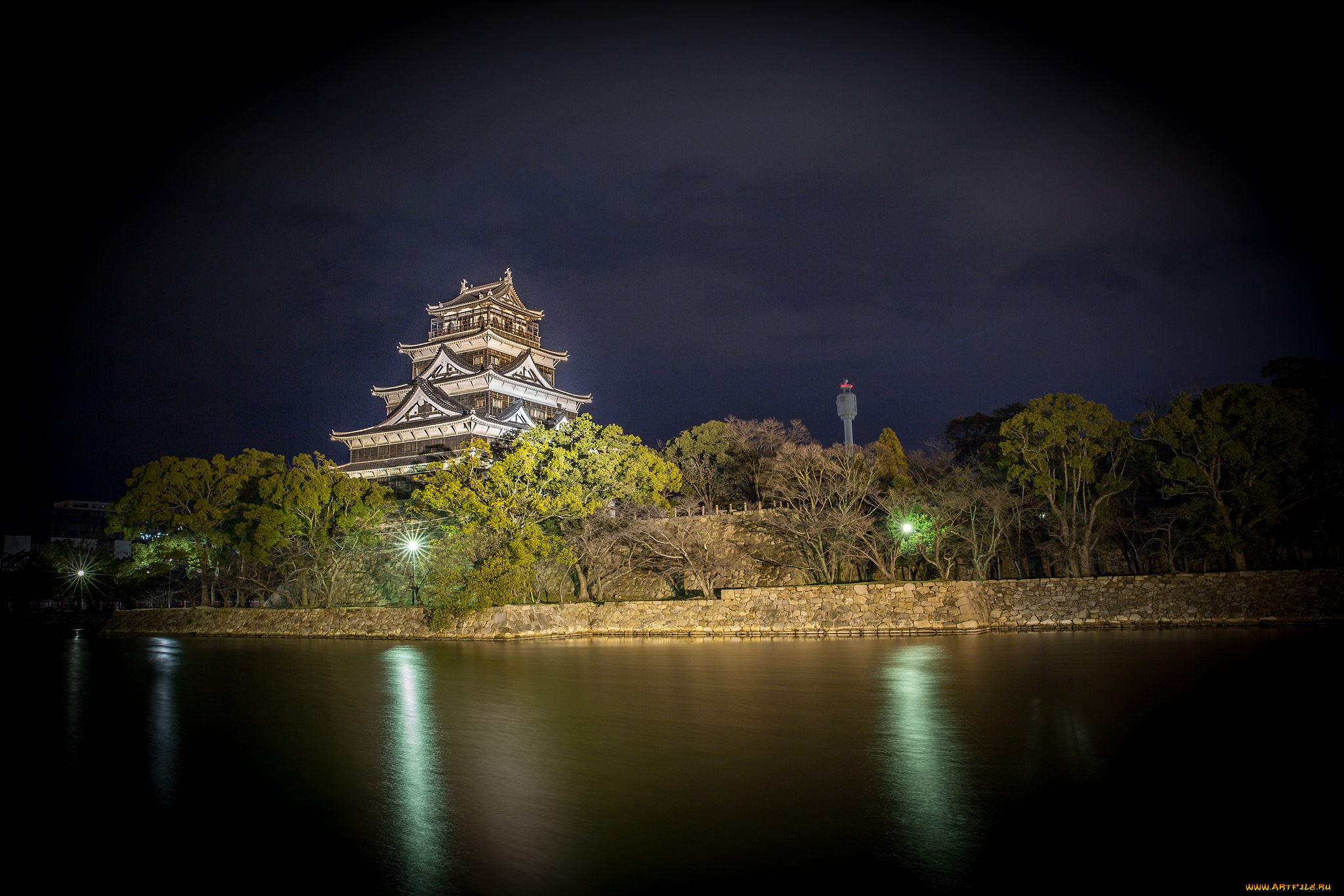 hiroshima, castle, города, замки, Японии, замок, водоем, ночь