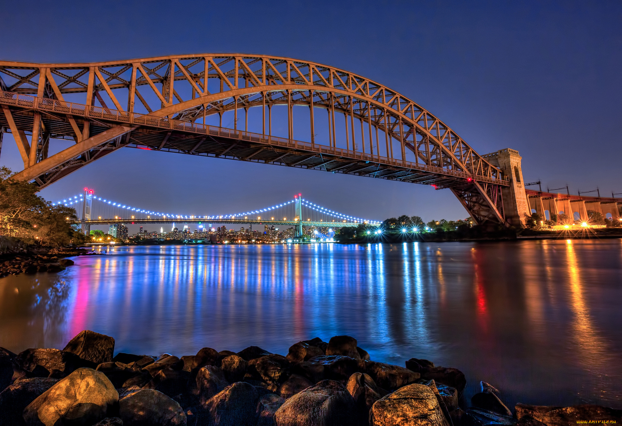 hell, gate, and, triborough, bridges, города, нью-йорк, , сша, парк, река, мосты