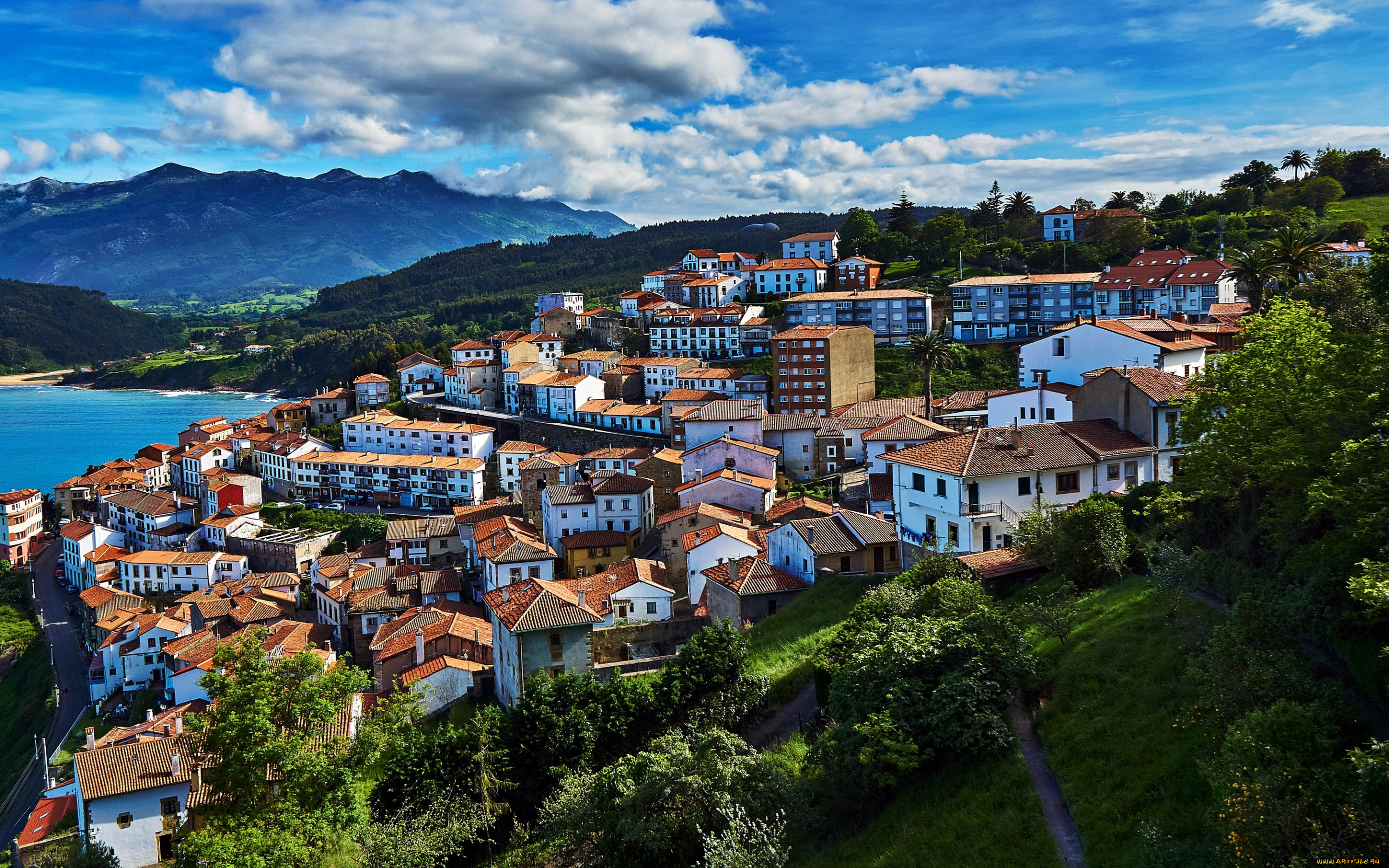 города, -, панорамы, испания, colunga, asturias, море, побережье, горы, холмы, облака, склон, дома