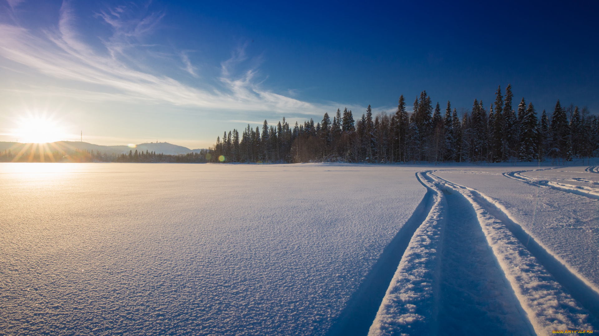 природа, зима, kuusamo, ruka, снег, куусамо, финляндия, озеро, finland, колея, лес, закат