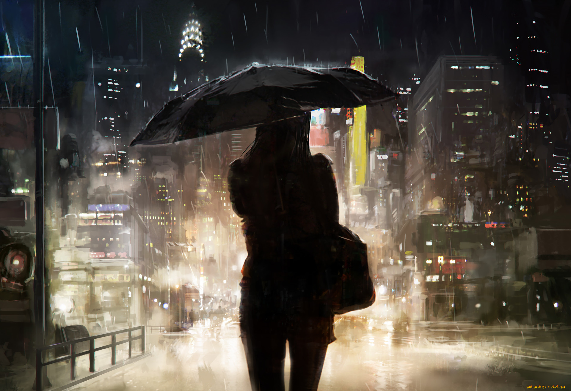 рисованное, люди, город, силуэт, дождь, арт, девушка, зонтик