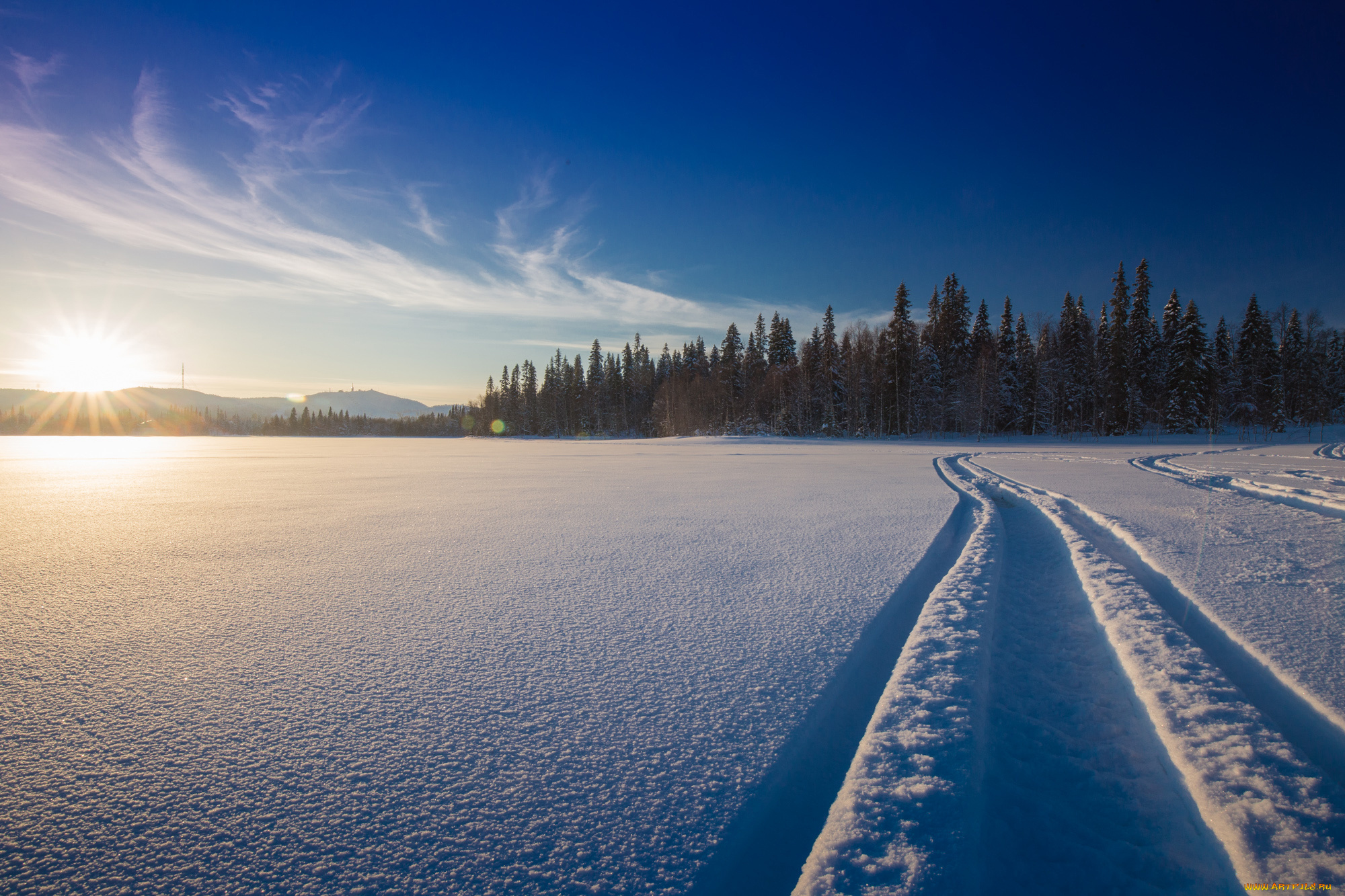 природа, зима, kuusamo, ruka, снег, куусамо, финляндия, озеро, finland, колея, лес, закат