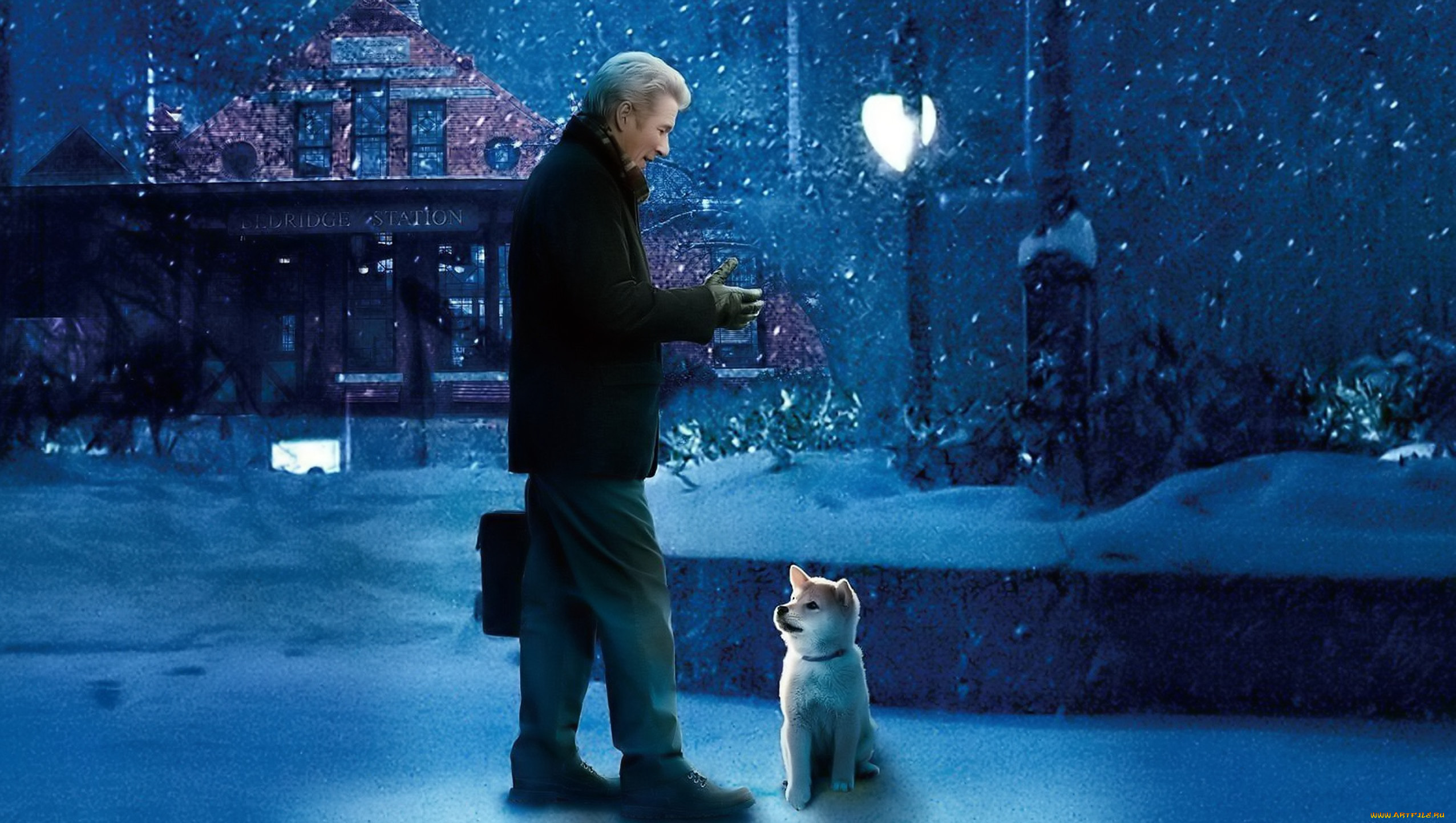 кино, фильмы, hachiko, , a, dogs, story, мужчина, чемодан, щенок, снег, зима