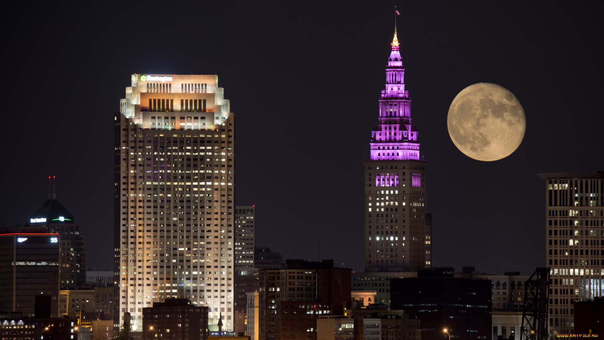 moon, behind, cleveland, города, -, огни, ночного, города, здания, ночь, луна