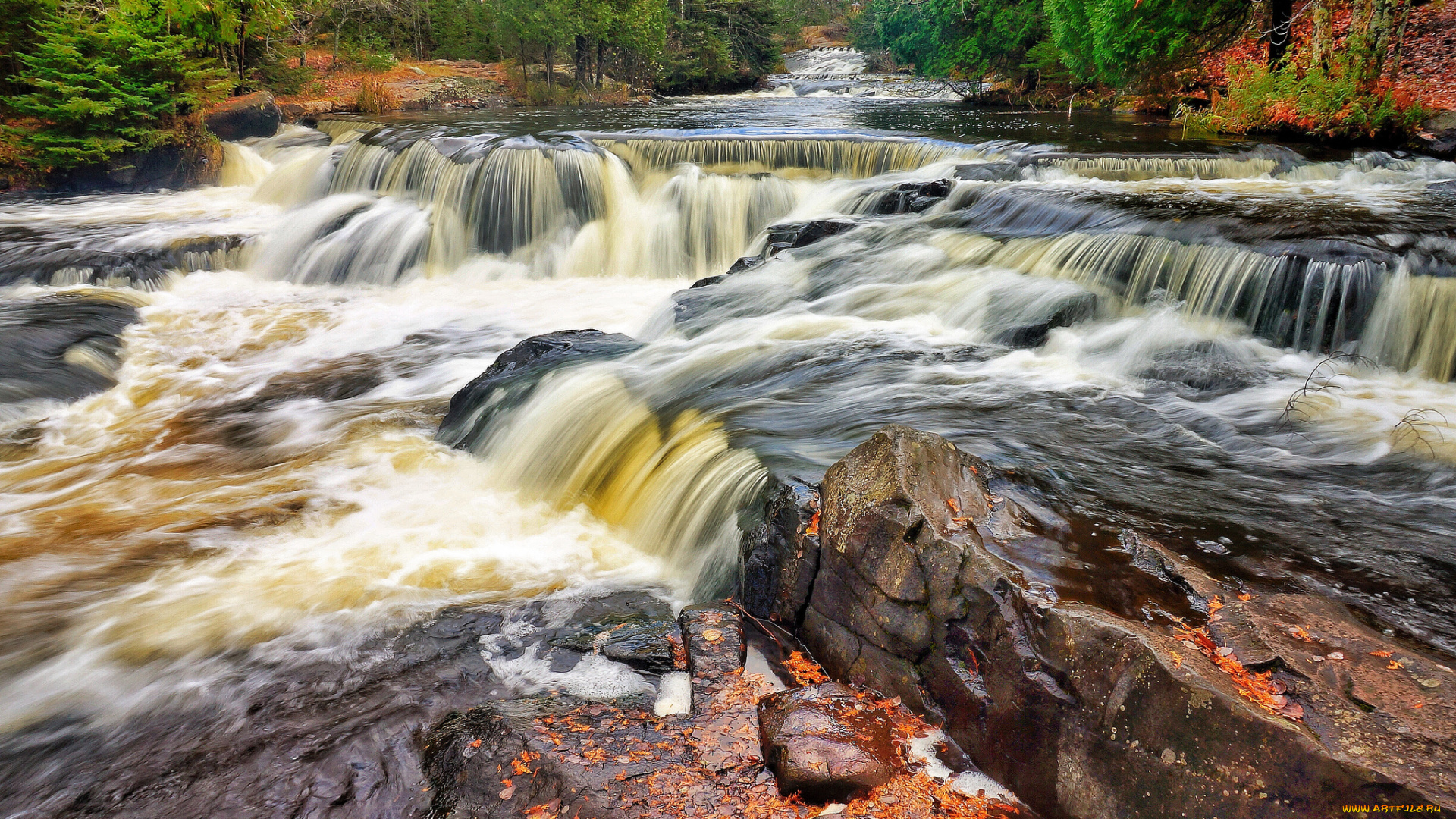 природа, водопады, лес, река, водопад