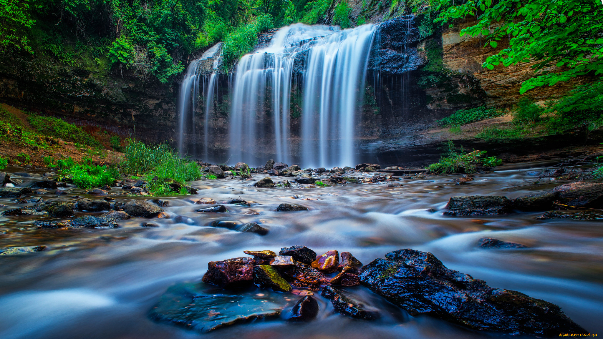 природа, водопады, водопад, река, лес