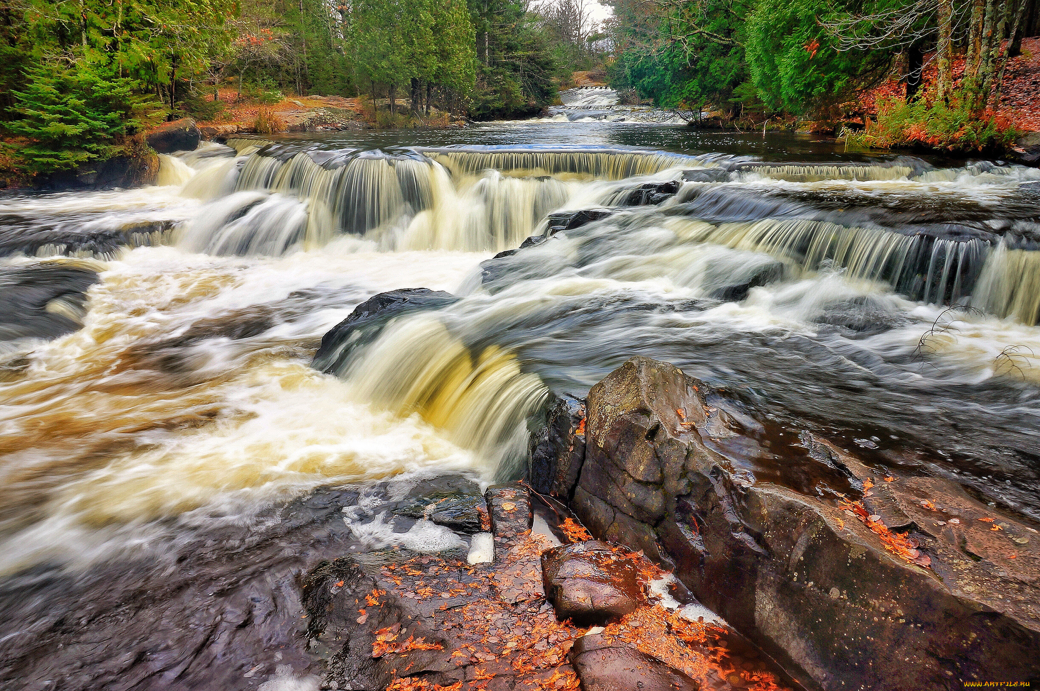 природа, водопады, лес, река, водопад