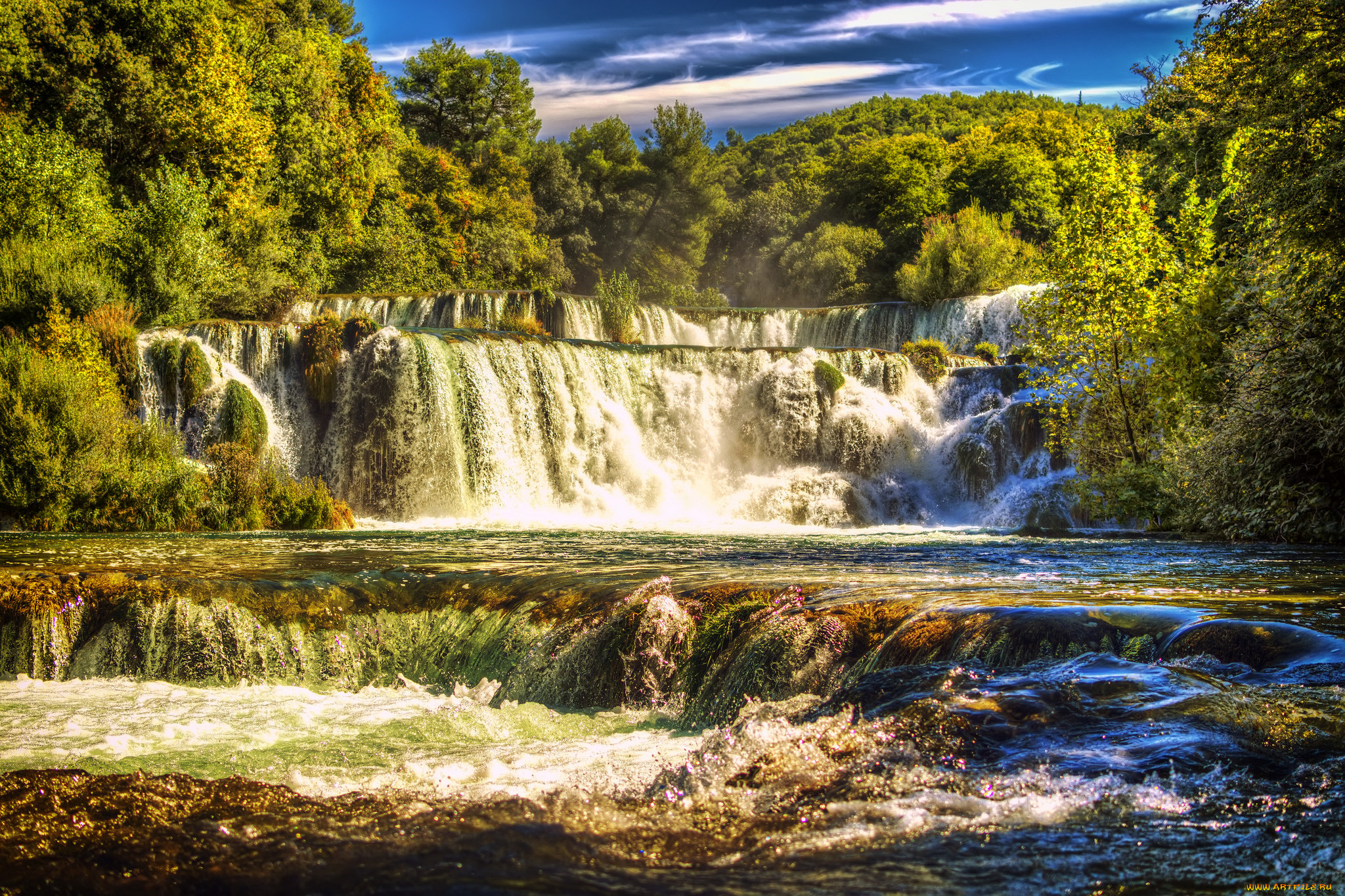 природа, водопады, водопад, река, лес