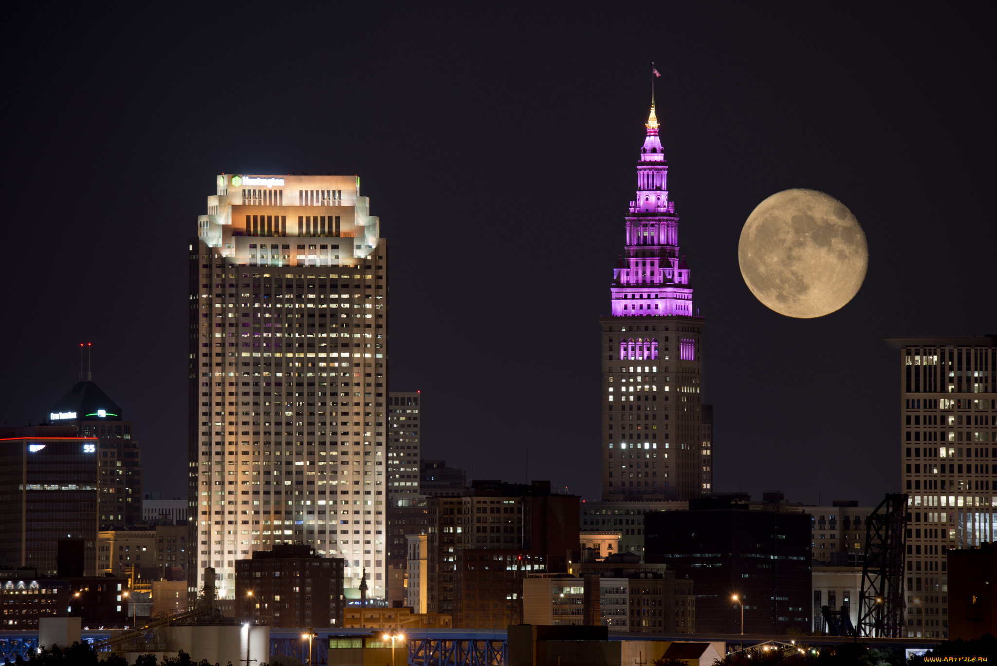 moon, behind, cleveland, города, -, огни, ночного, города, здания, ночь, луна