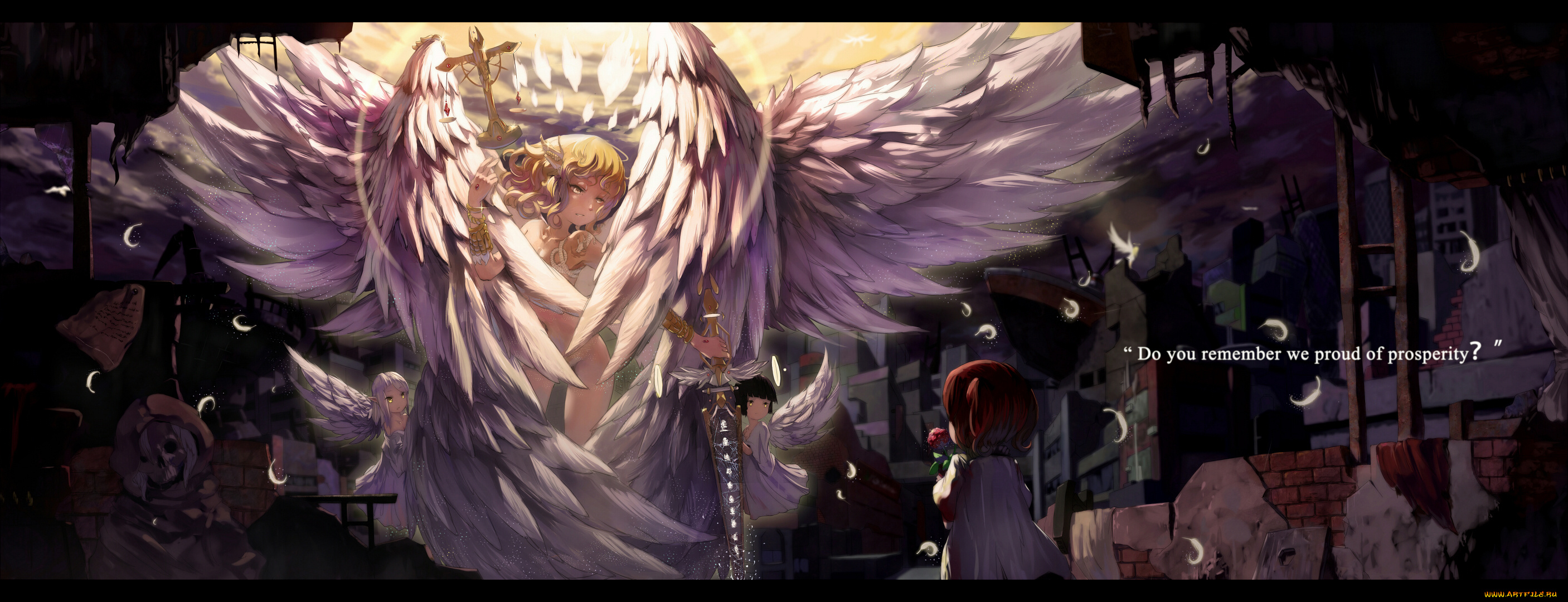 аниме, -angels, &, demons, развялины, город, фея, ребенок, свет, облака, крылья, нимб, ангел, девушка, цветок, перья, небо, весы, меч, скелет, труп