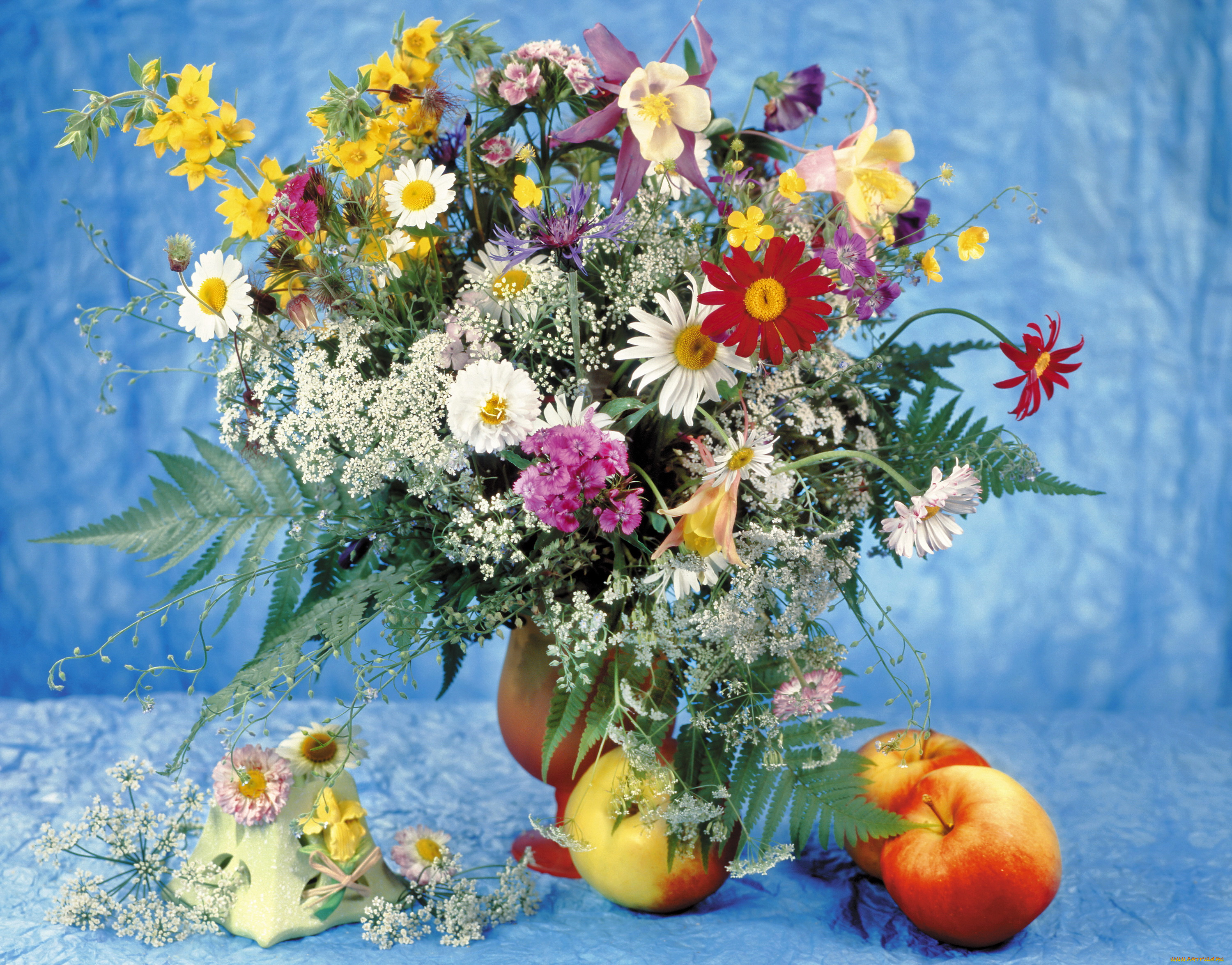 цветы, букеты, , композиции, яблоки, ваза, букет, маргаритки, гвоздики, ромашки