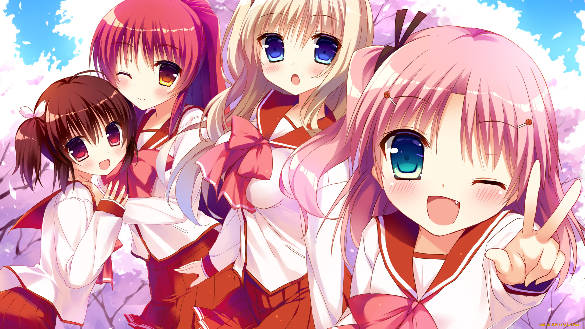 аниме, to, heart, wink, heart, skirt, seifuku, red, eyes, orange, hair, maaryan, brown, blonde, blue