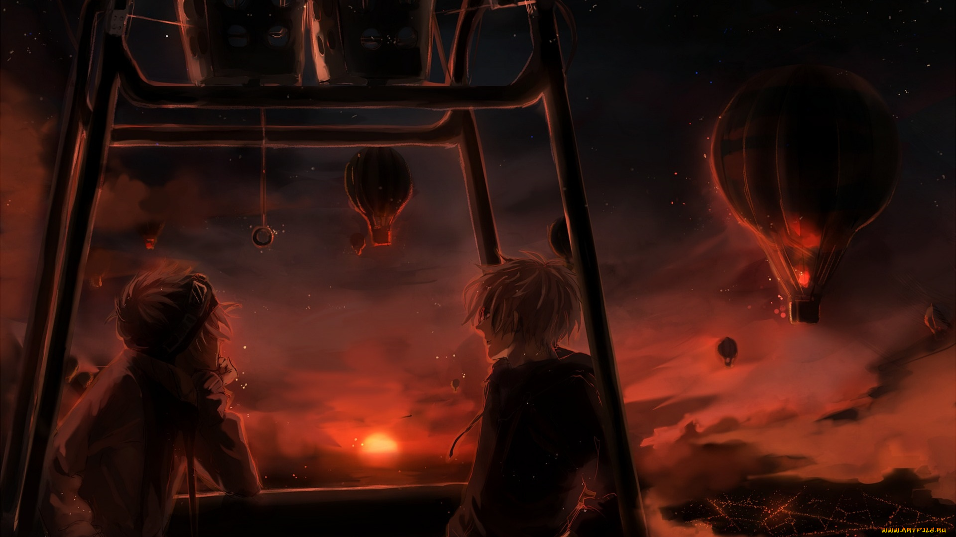 аниме, unknown, , другое, парни, yuruikarameru, арт, огни, город, солнце, облака, небо, закат, воздушный, шар, пейзаж, полет