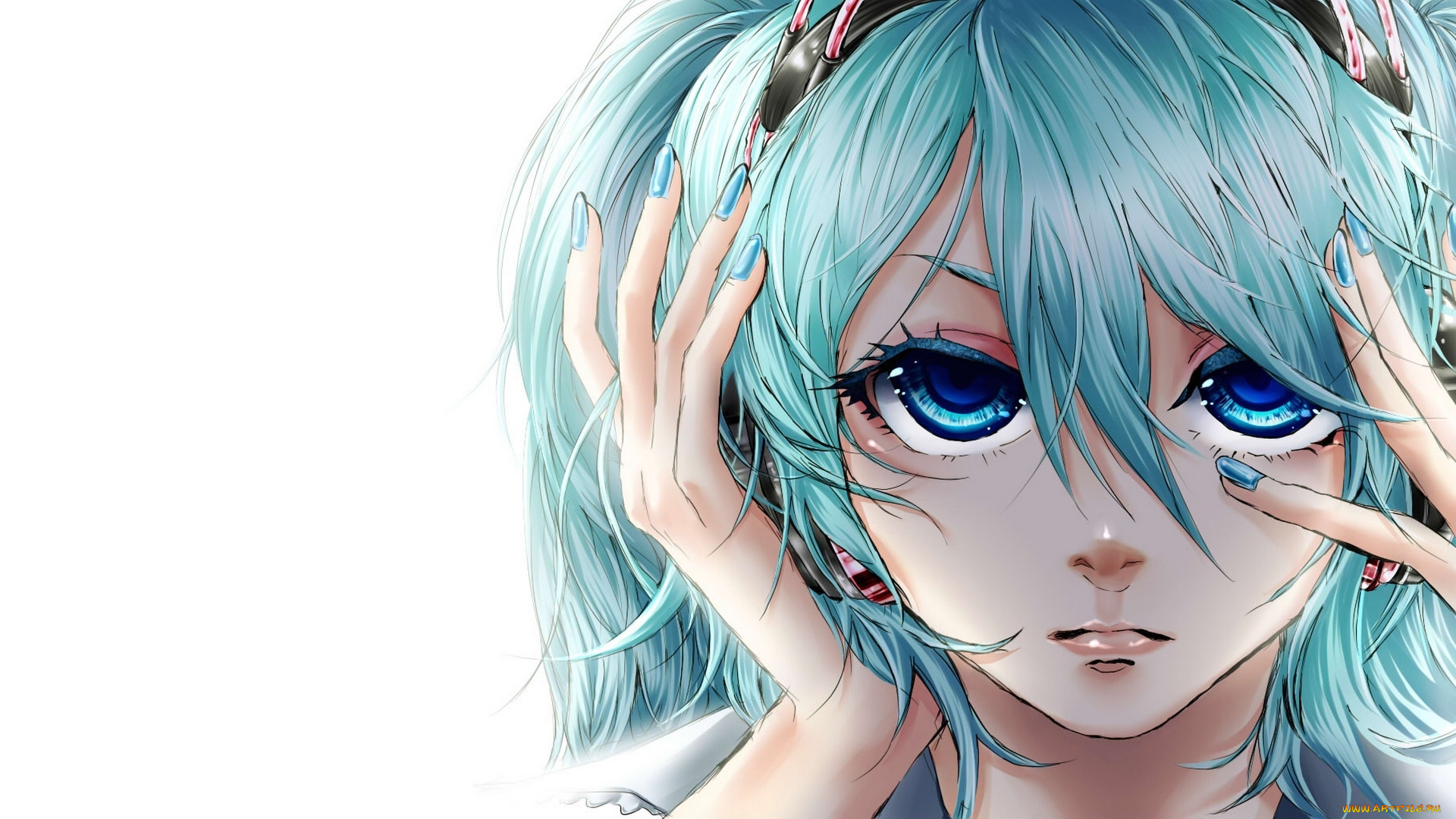 аниме, vocaloid, девушка, наушники, лицо, hatsune, miku, akiakane, арт