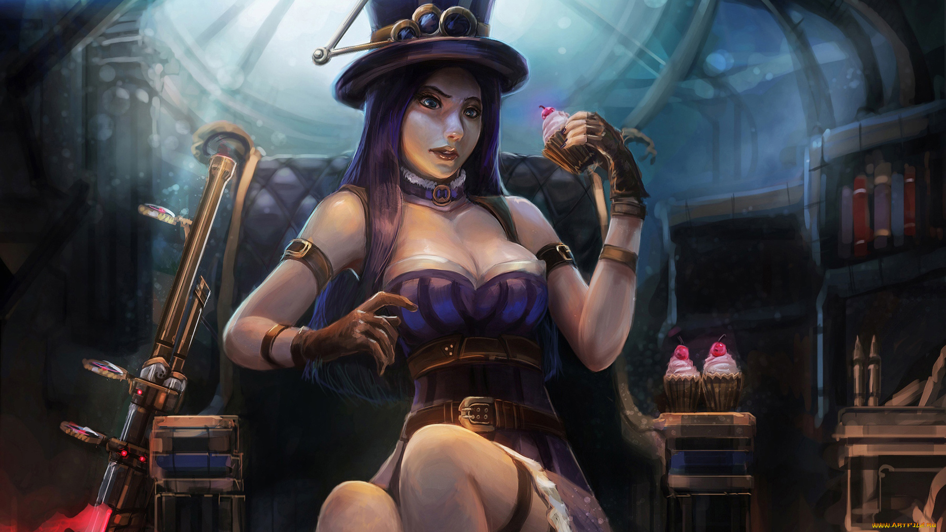 видео, игры, league, of, legends, caitlyn, cake, sheriff, of, piltover, league, legends, девушка, грудь, шляпа, ружье