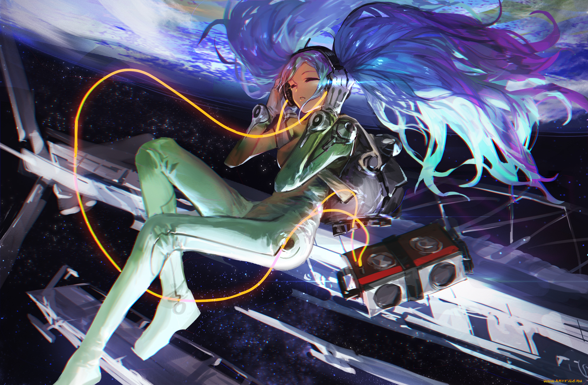 аниме, vocaloid, hatsune, miku, космос, девушка, арт