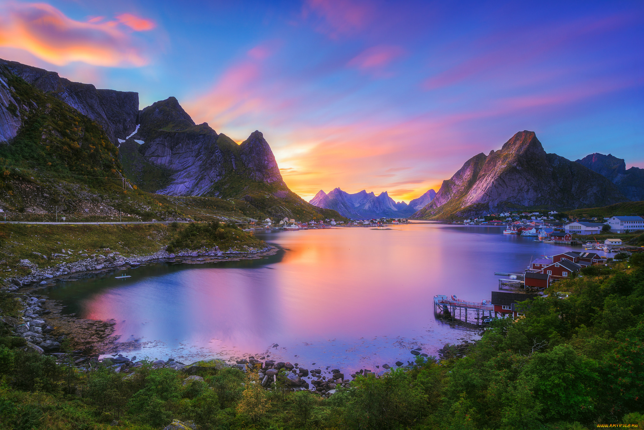 sunset, in, reine, города, -, пейзажи, бухта, городок, горы