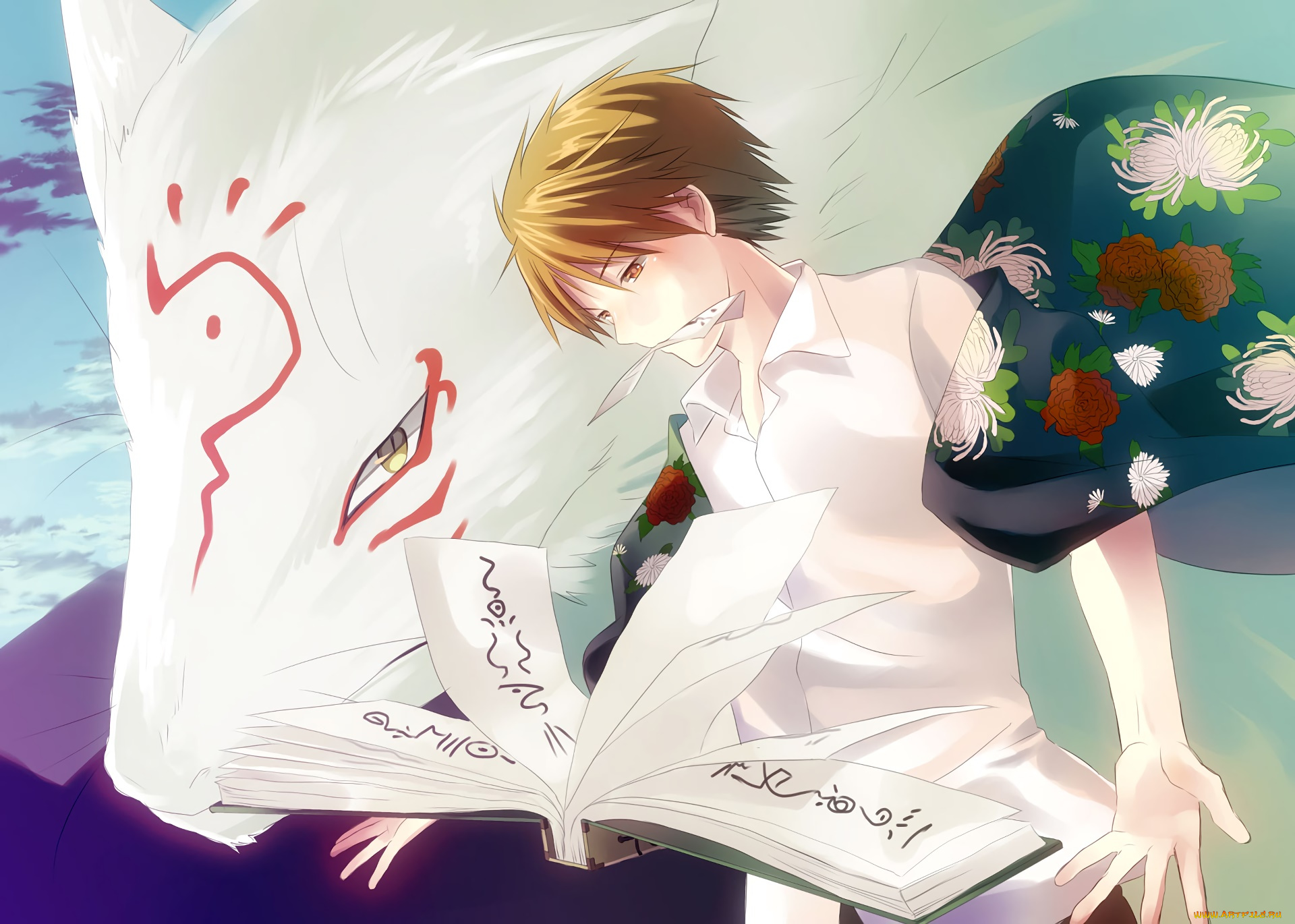 аниме, natsume, yuujinchou, парень, взгляд, фон