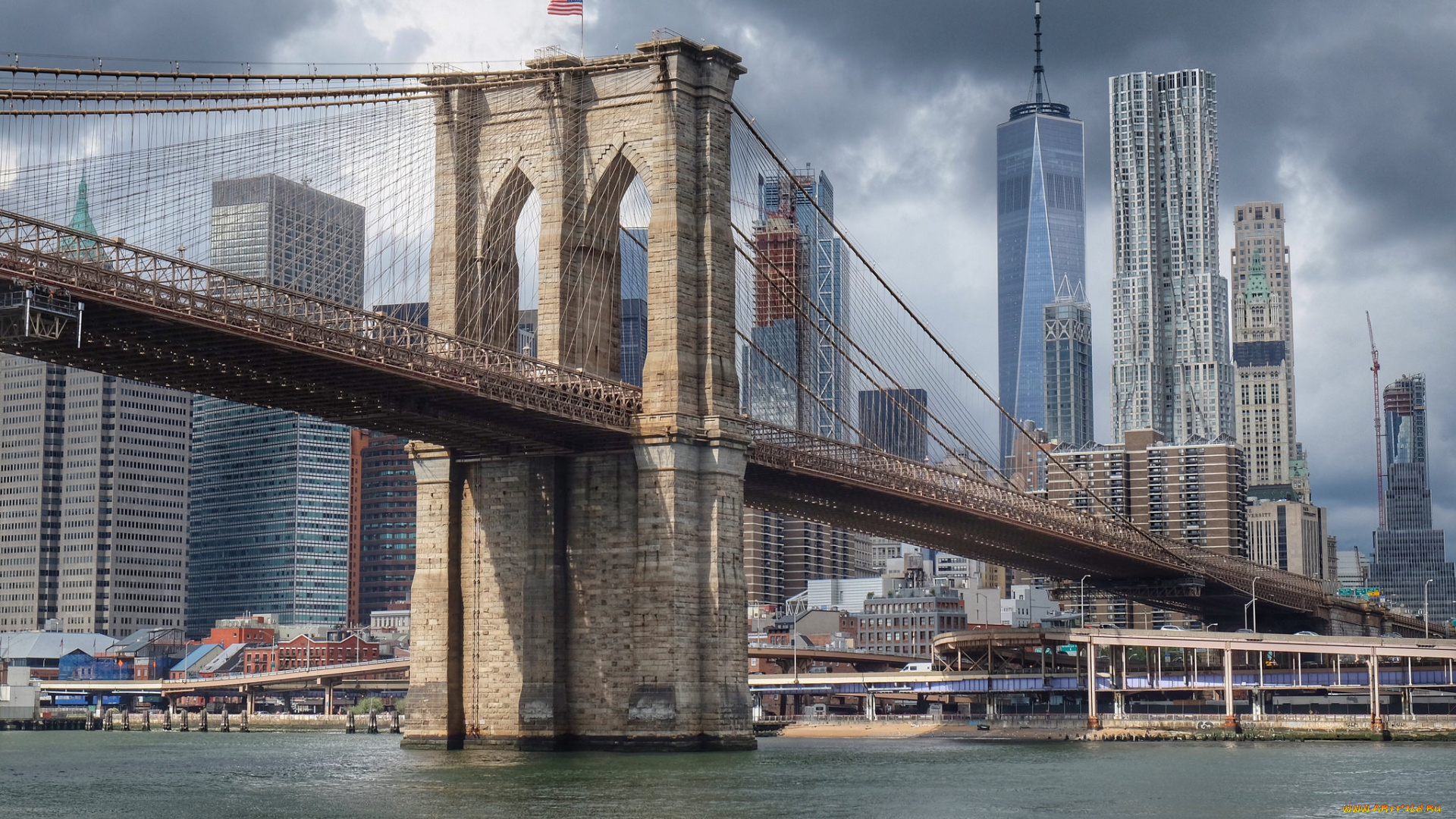 brooklyn, bridge, города, нью-йорк, , сша, мост, река