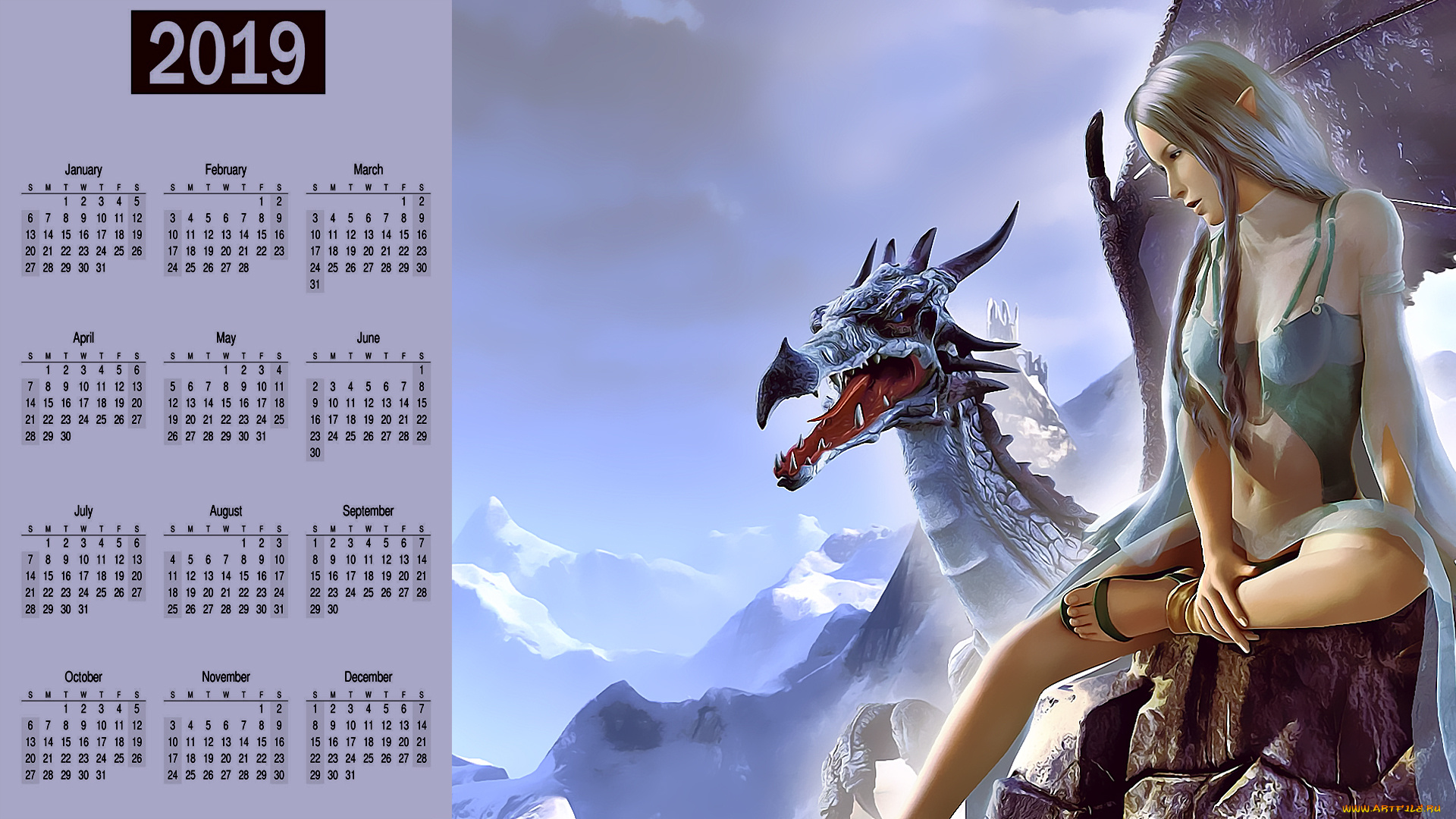 календари, фэнтези, девушка, дракон