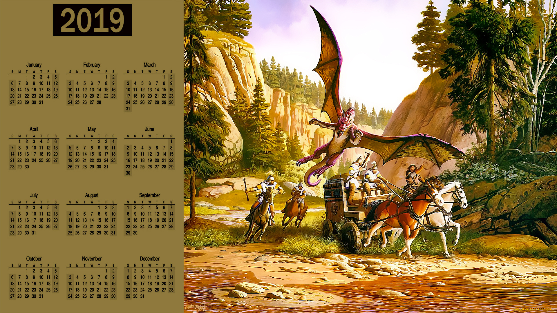 календари, фэнтези, конь, дракон, люди, деревья, телега, воин, лошадь