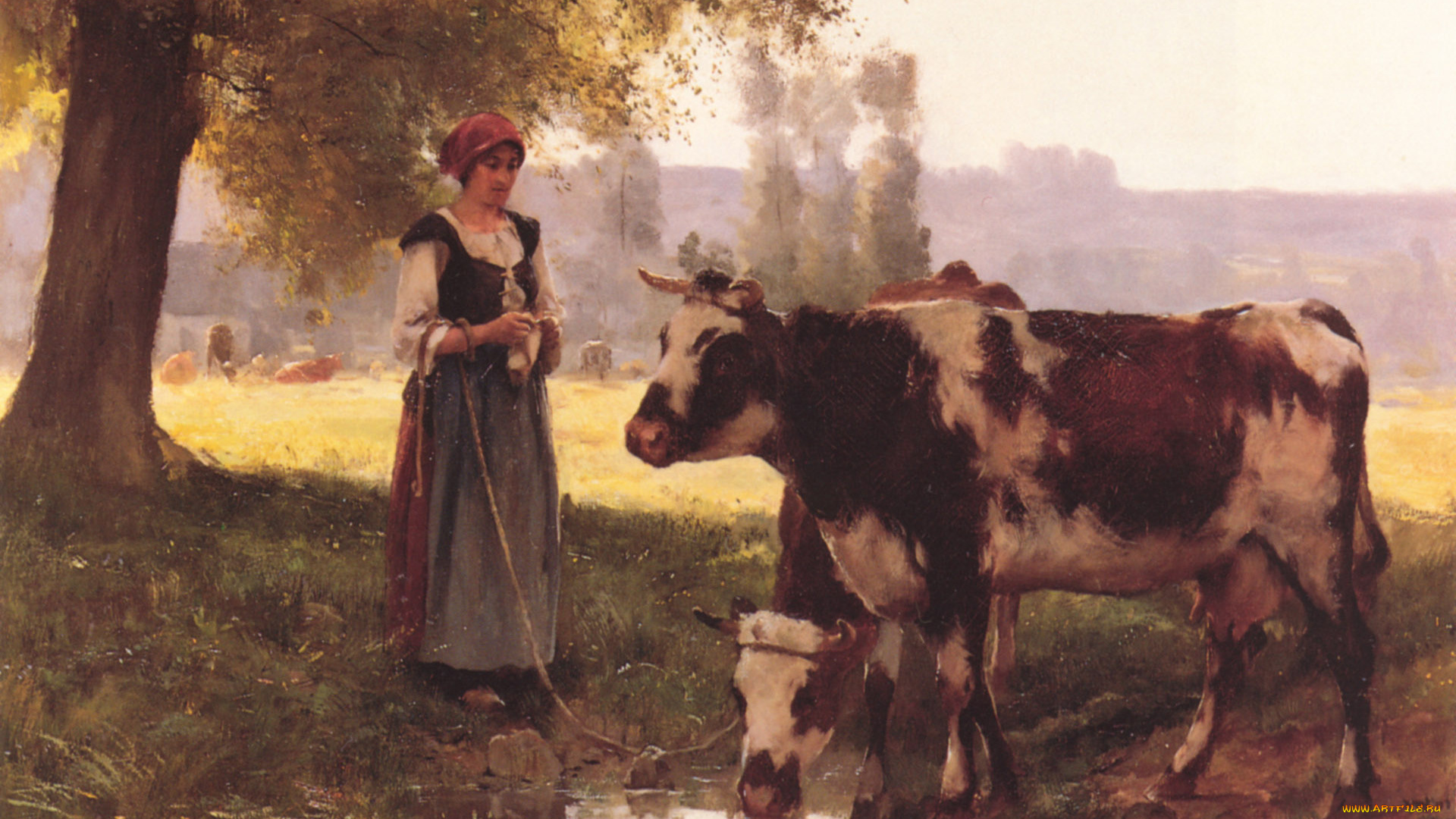 dupre, la, vachere, рисованное, живопись, крестьянка, коровы, julien, dupre