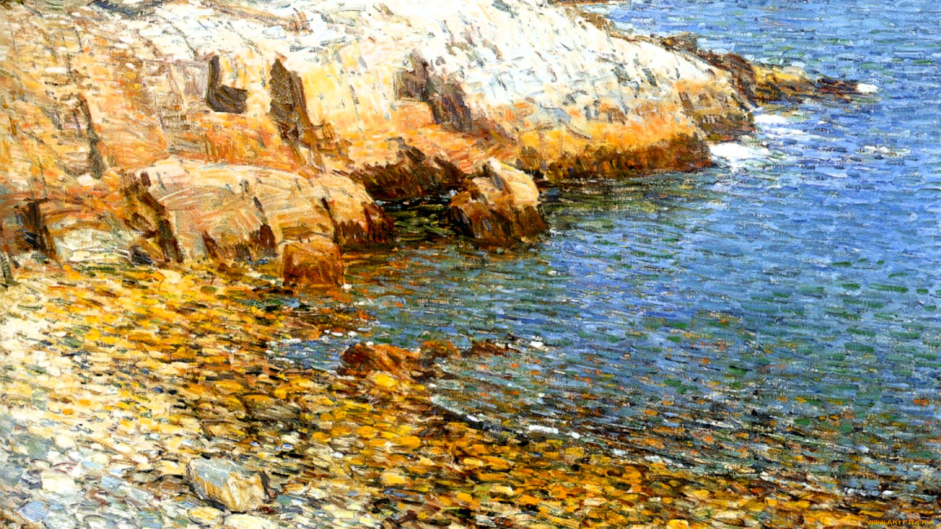 рисованное, frederick, childe, hassam, берег, море, камни