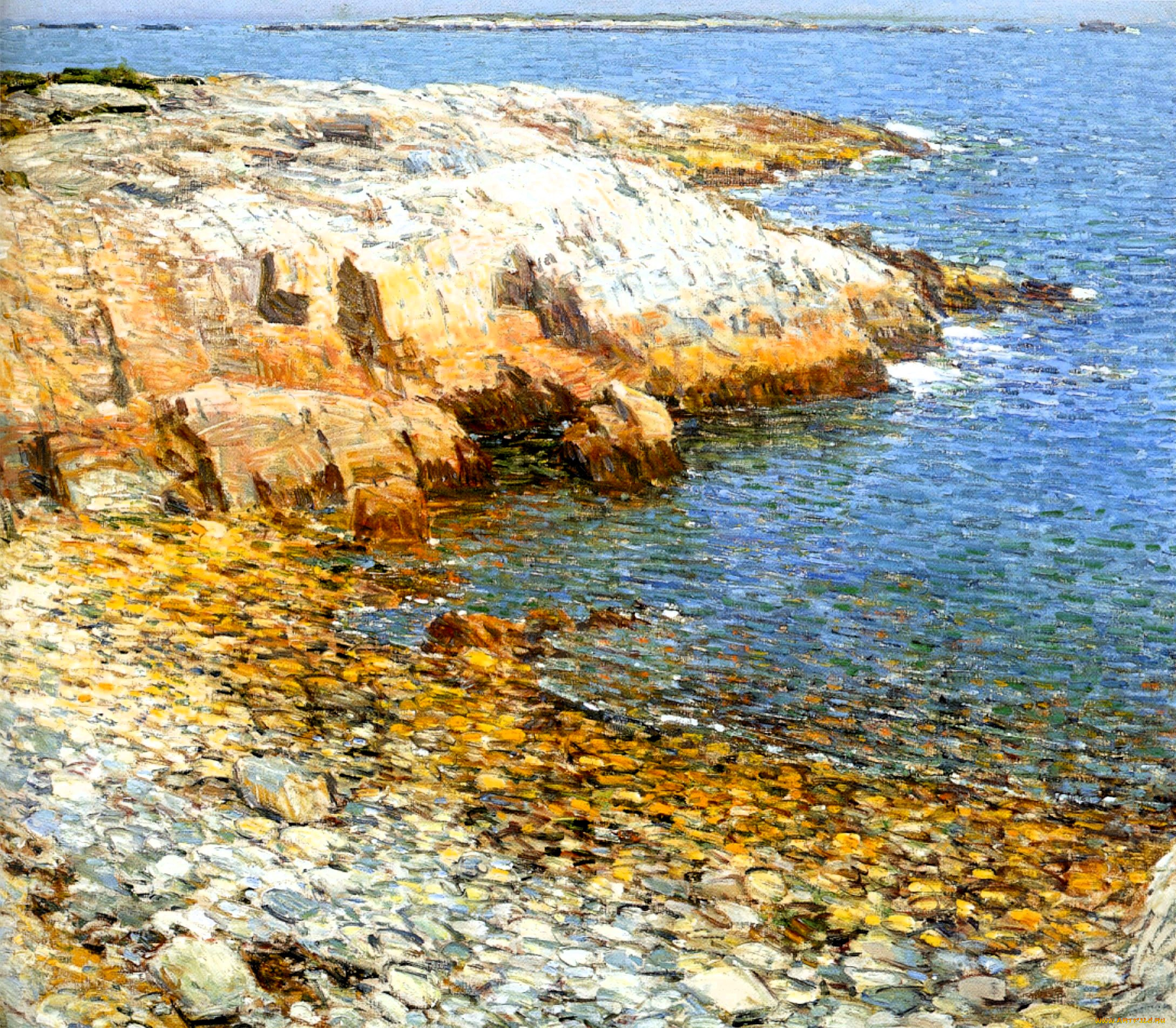 рисованное, frederick, childe, hassam, берег, море, камни