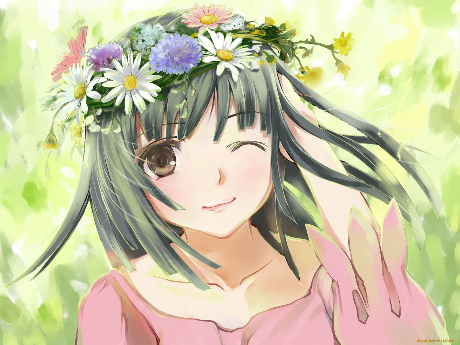 аниме, bakemonogatari, sengoku, nadeko, девушка, венок, цветы, платье