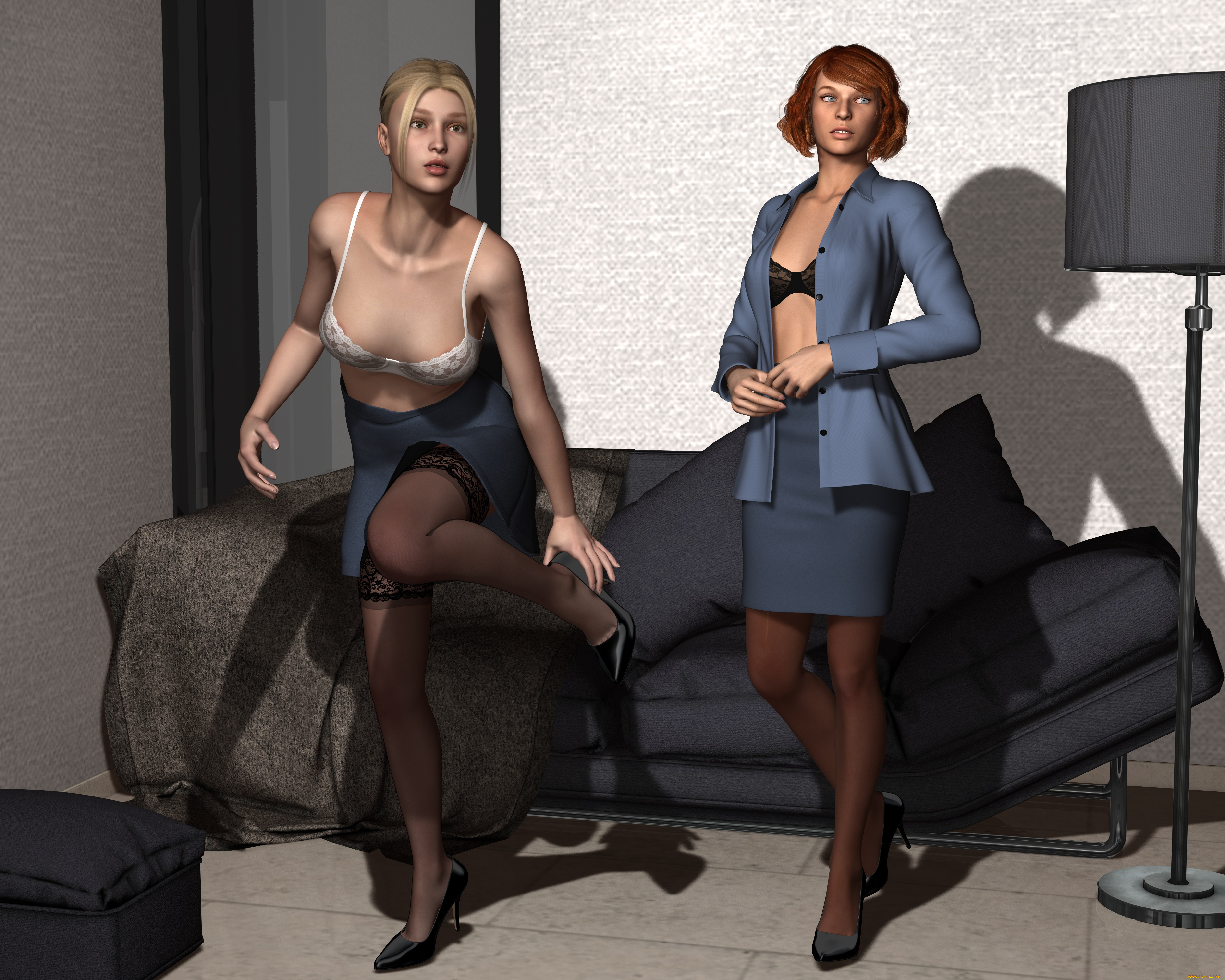 stewardesses, 3д, графика, фантазия, , fantasy, девушки, стюардессы, кровать, туфли, лифчик, взгляд