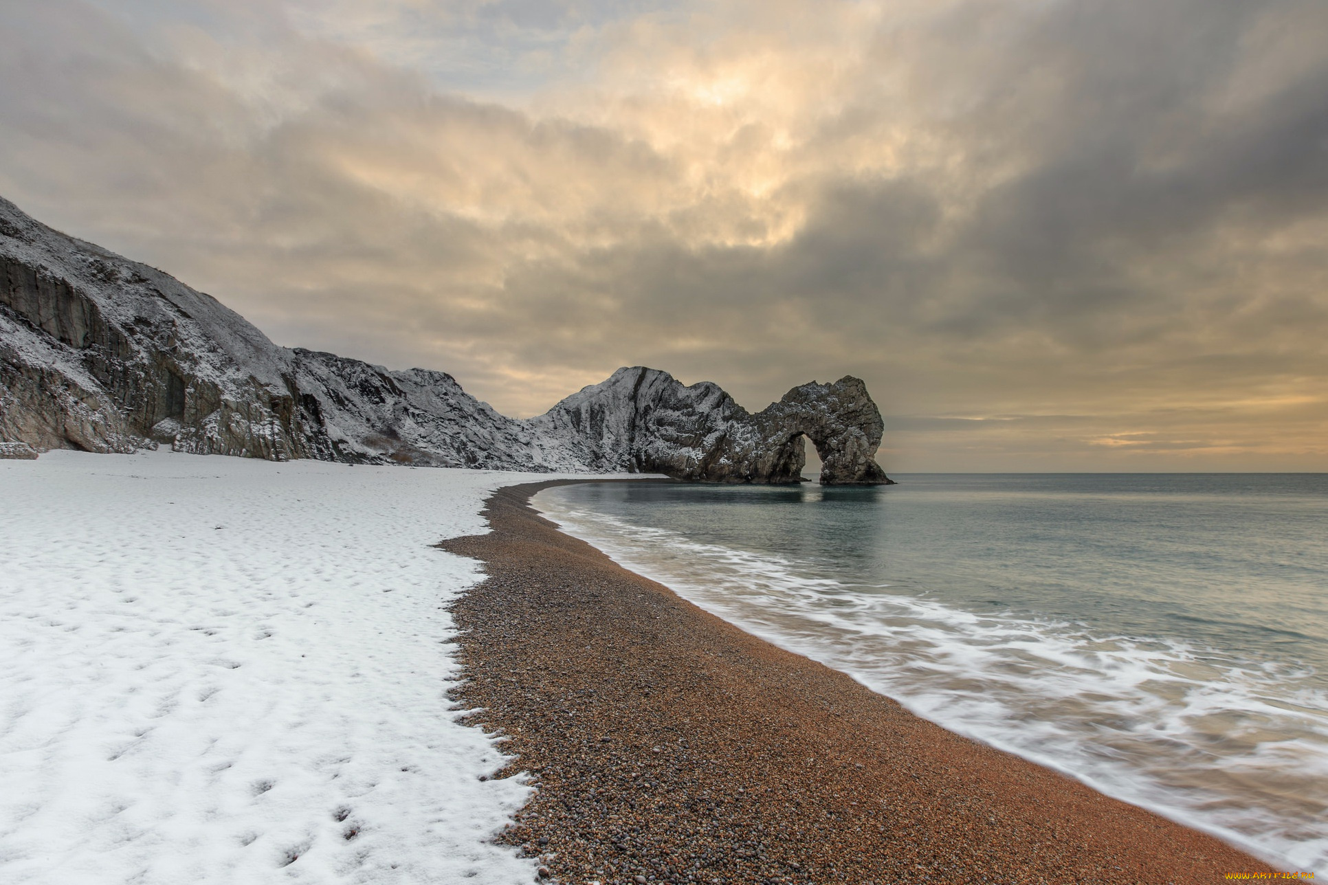 природа, побережье, снег, море, скалы