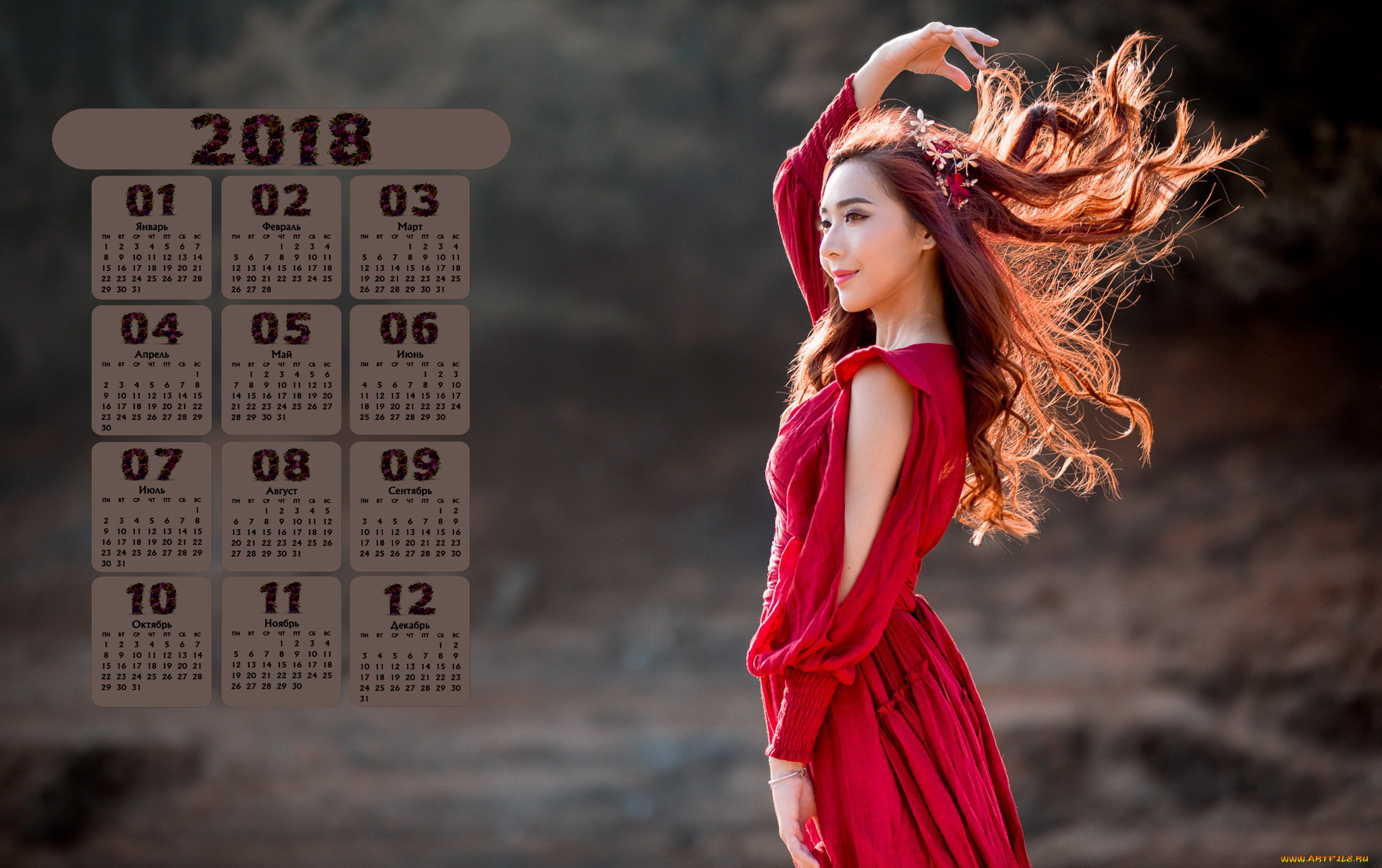 календари, девушки, туника, азиатка, 2018