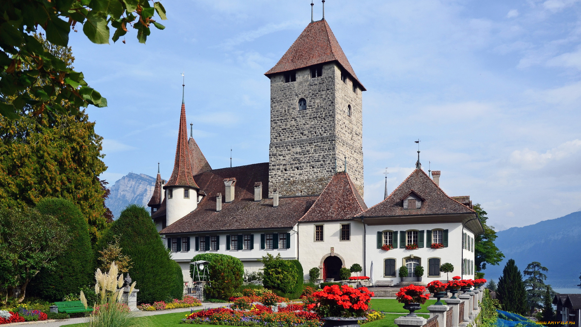 castle, spiez, , , швейцария, города, замки, швейцарии, трава, клумбы, замок, швейцария, spiez, castle