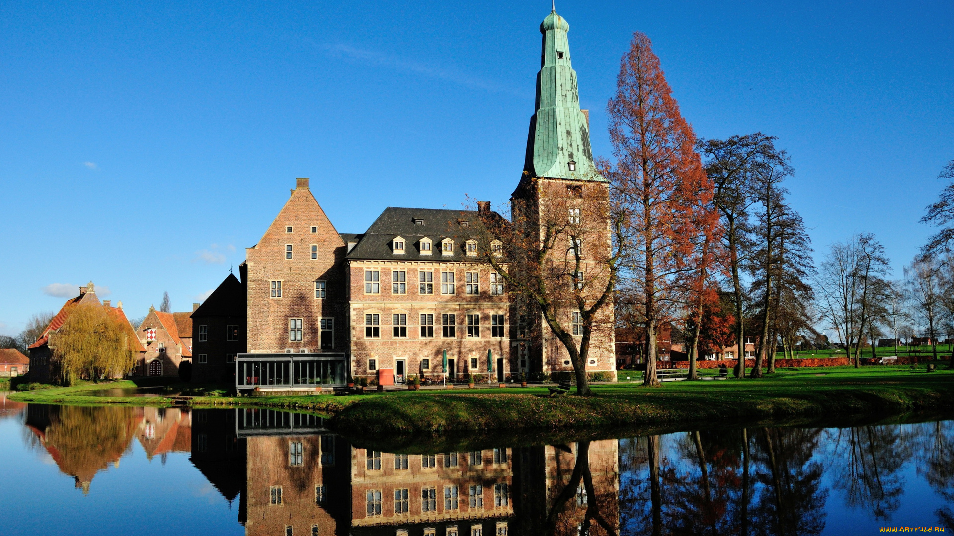 германия, burg, raesfeld, города, замки, германии, ландшафт, raesfeld, burg, река, германия, замок