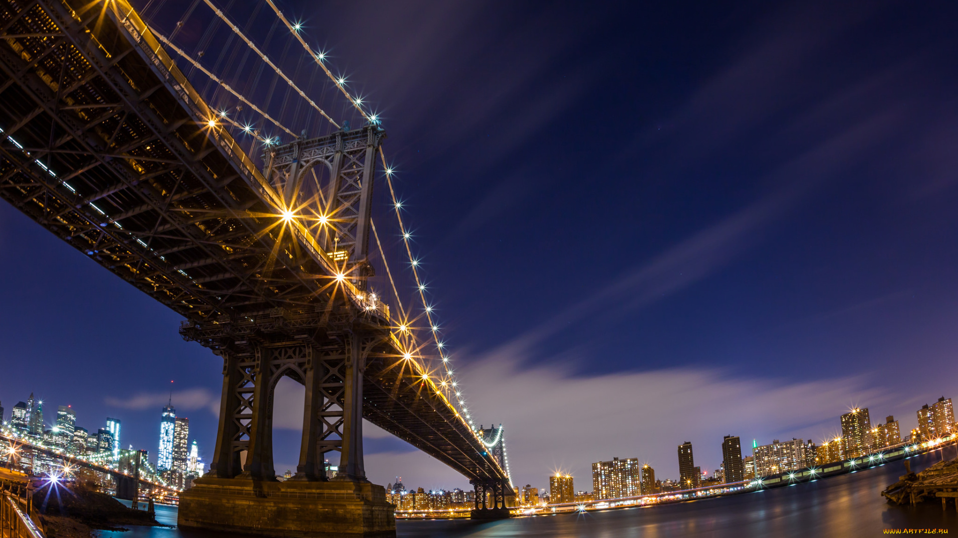 manhattan, bridge, at, night, города, -, мосты, огни, мост, ночь