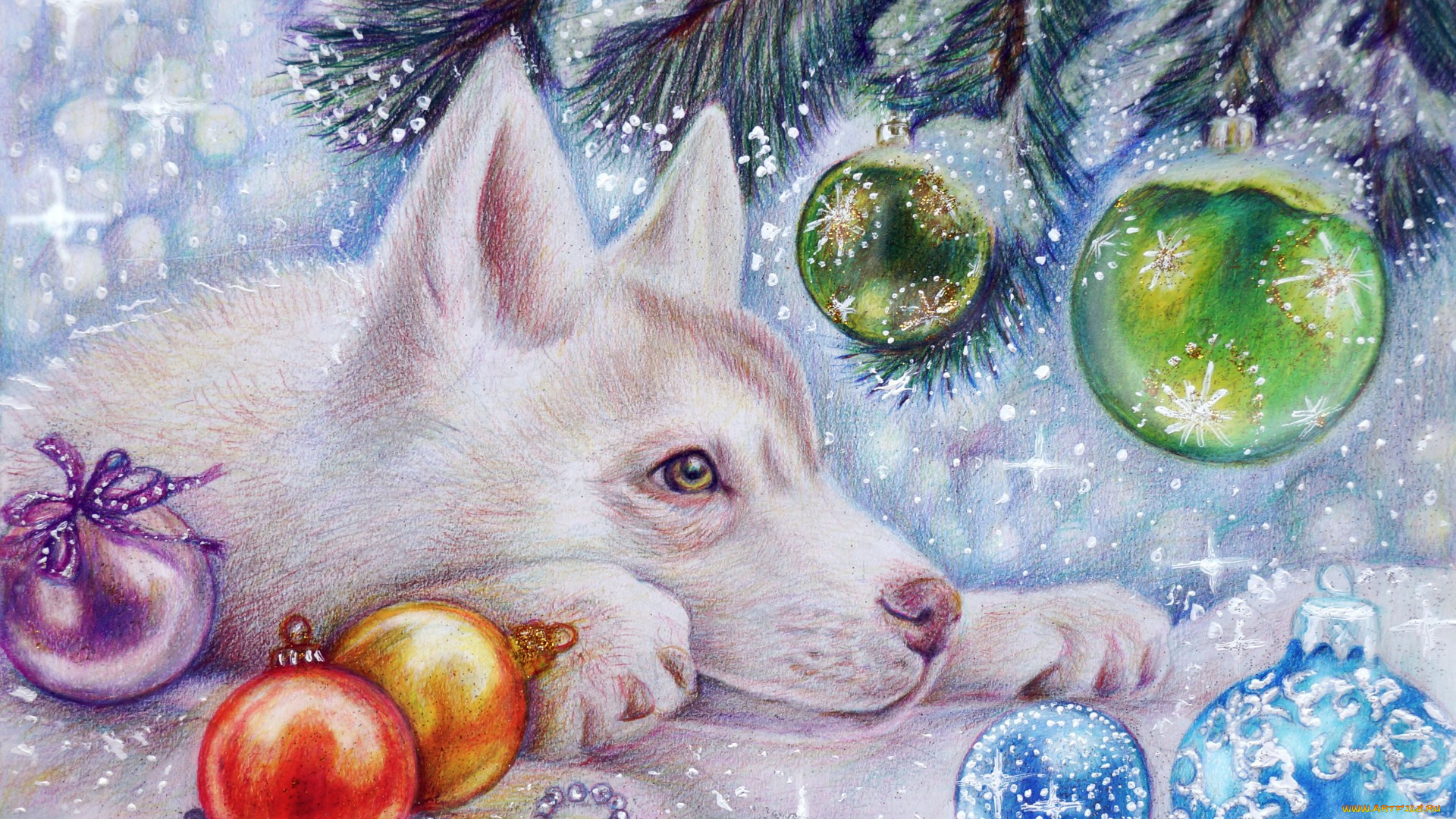 праздничные, рисованные, снег, новый, год, праздник, игрушки, елка, зима, волк, волчонок