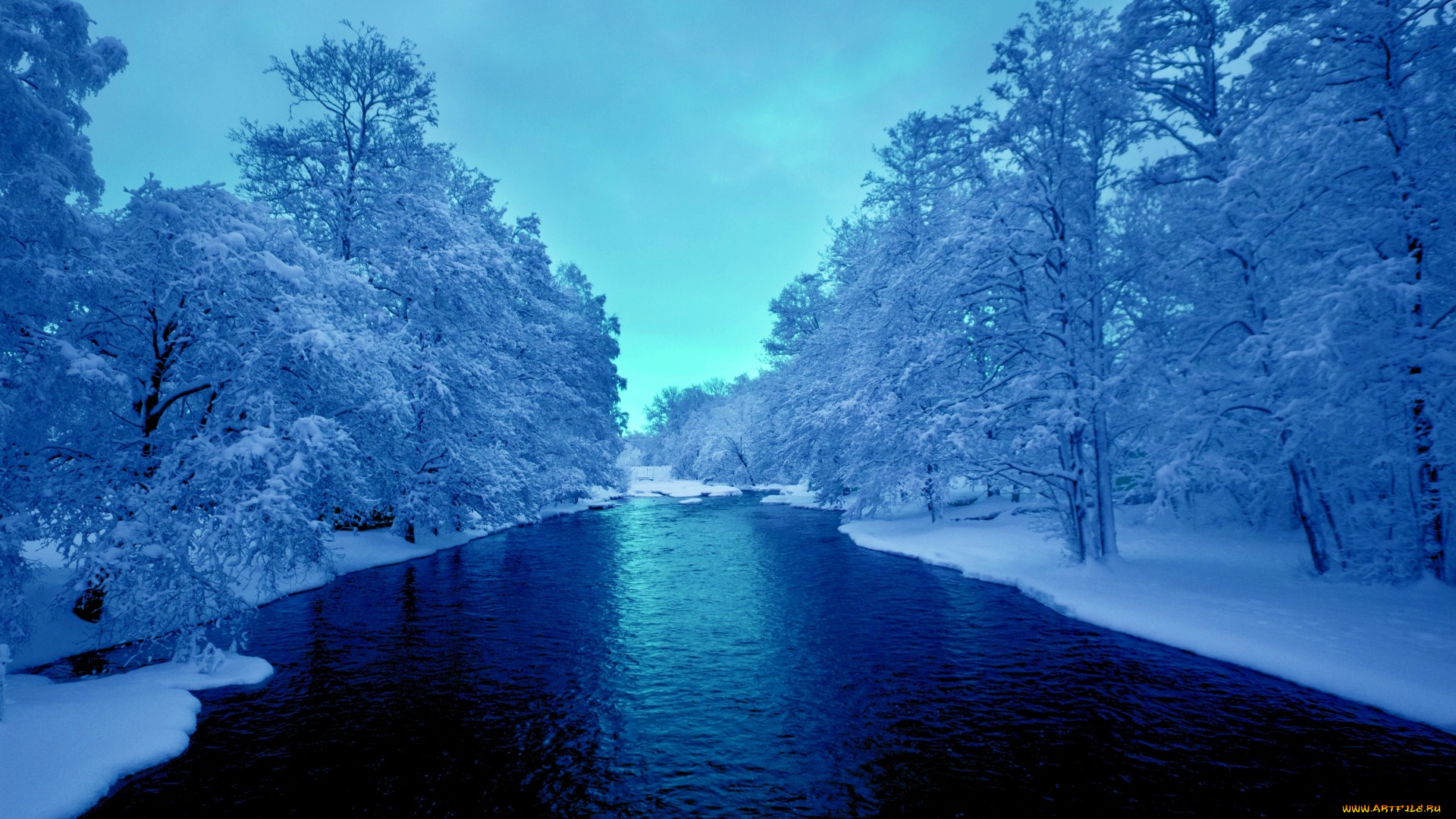 природа, зима, небо, снег, река, деревья