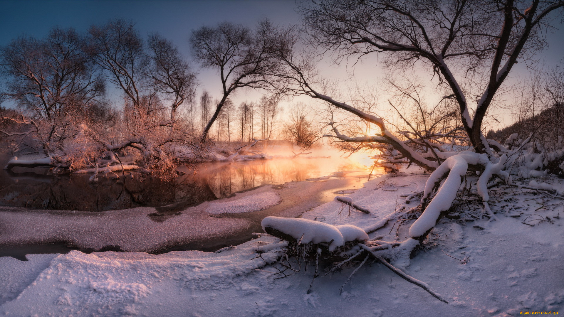 природа, зима, река, закат