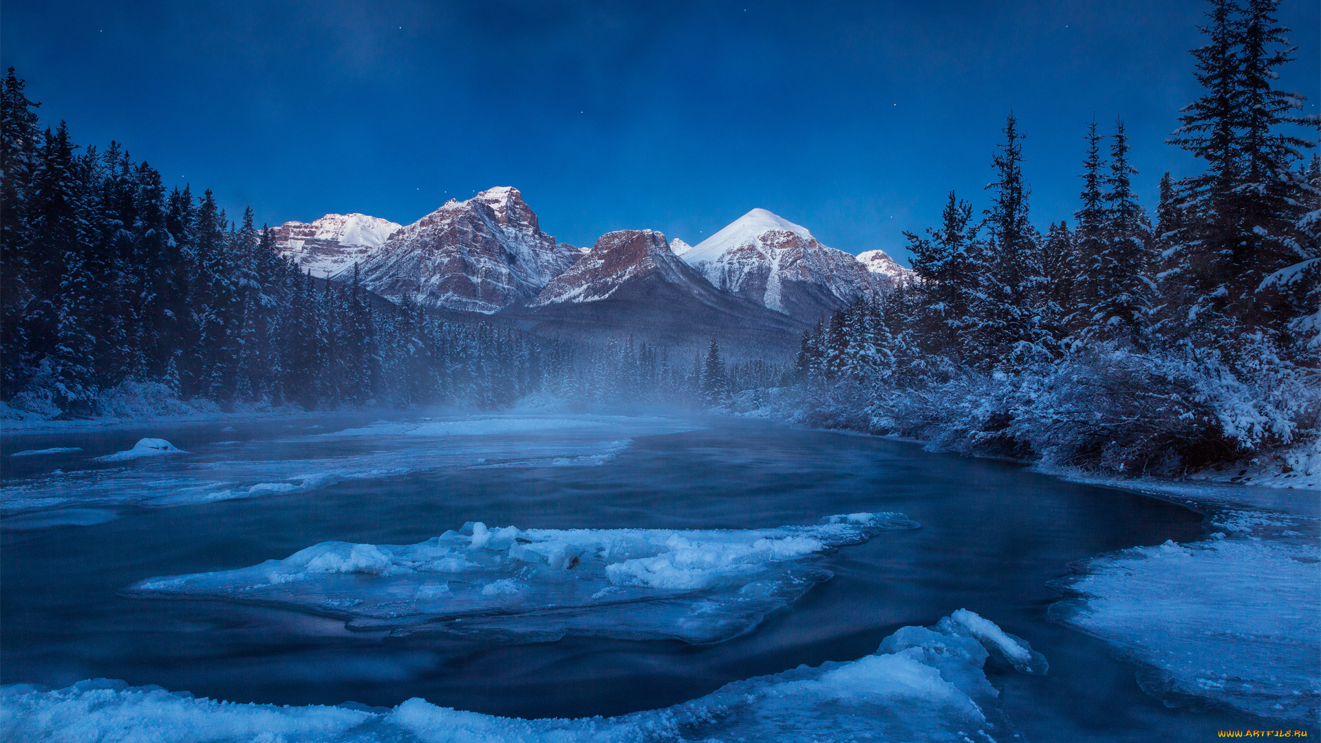 природа, зима, снег, лёд, ночь, горы, река, альберта, лес, канада