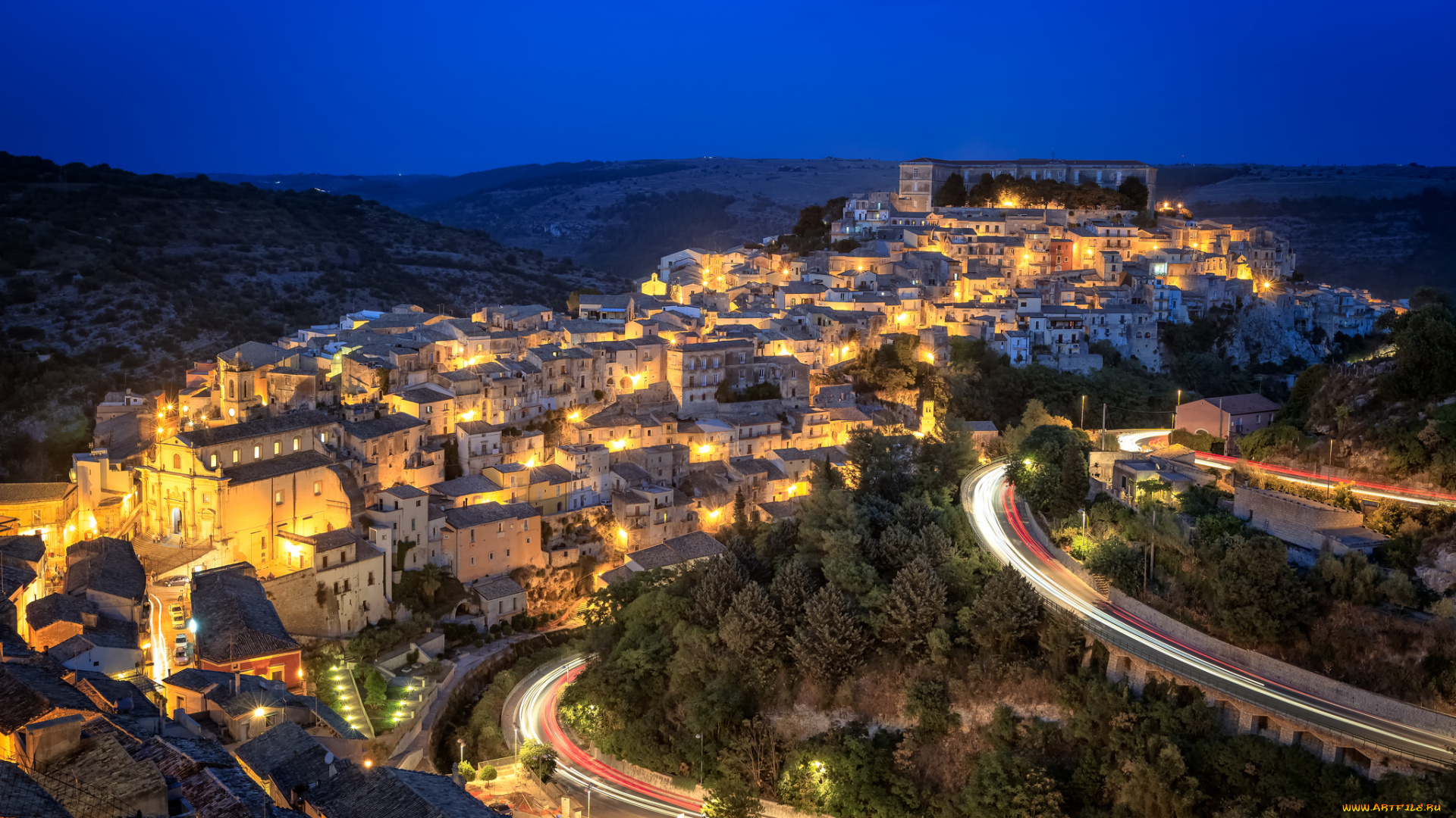 ragusa, at, night, города, -, огни, ночного, города, огни, трасса, здания, ночь