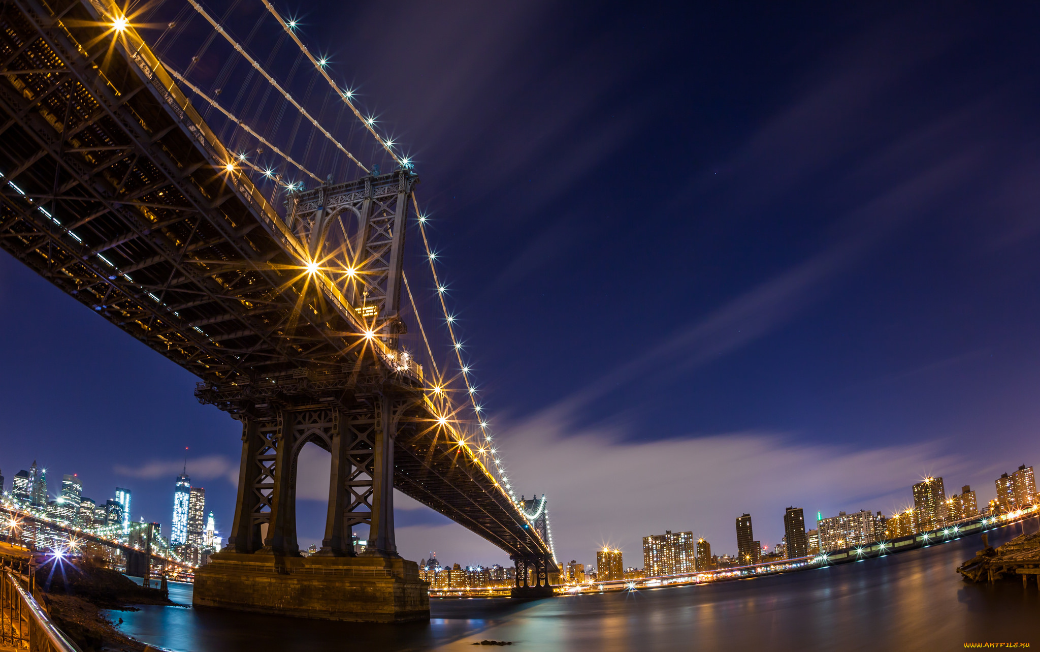 manhattan, bridge, at, night, города, -, мосты, огни, мост, ночь