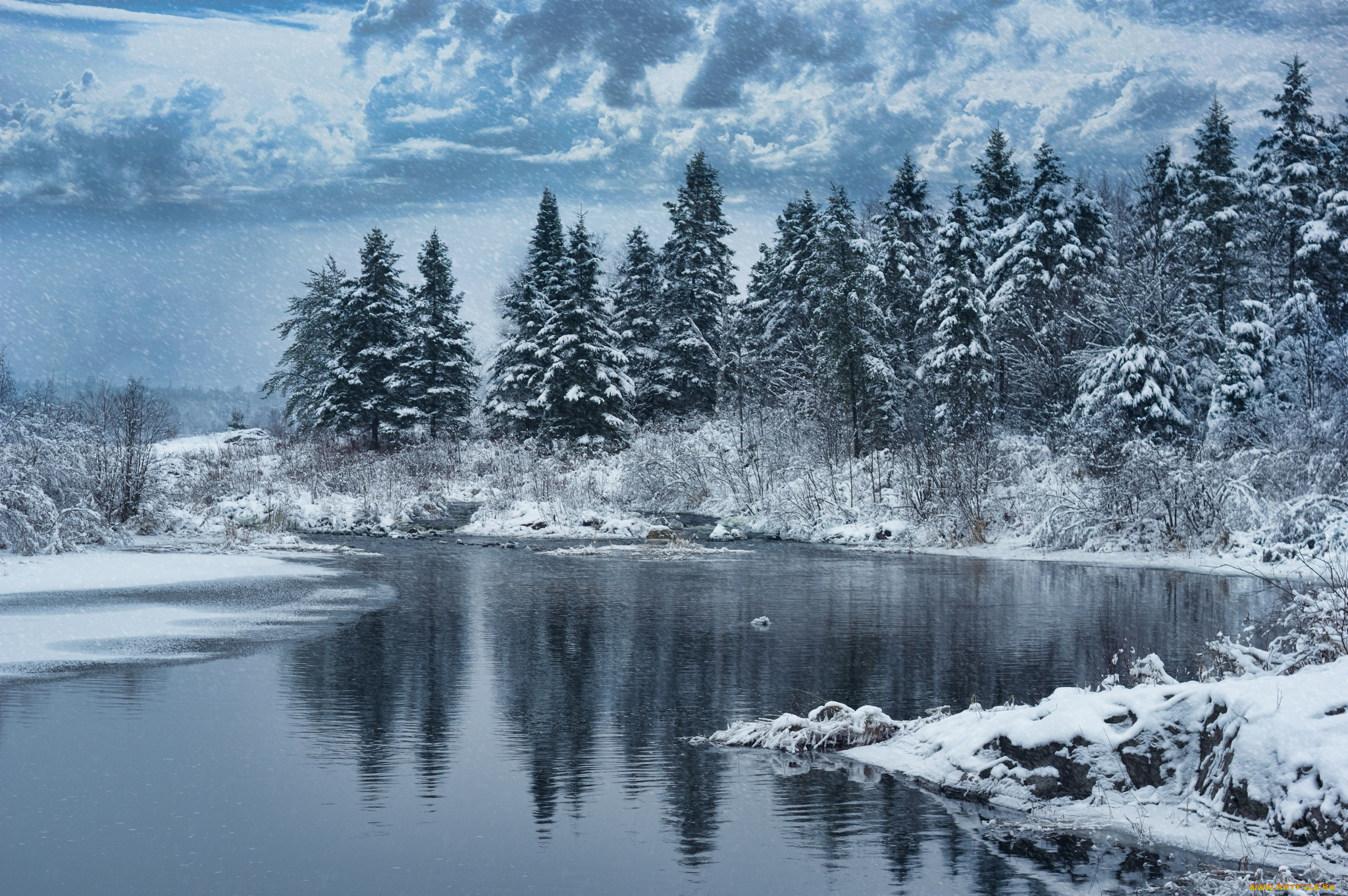 природа, зима, озеро, деревья, лес, снег