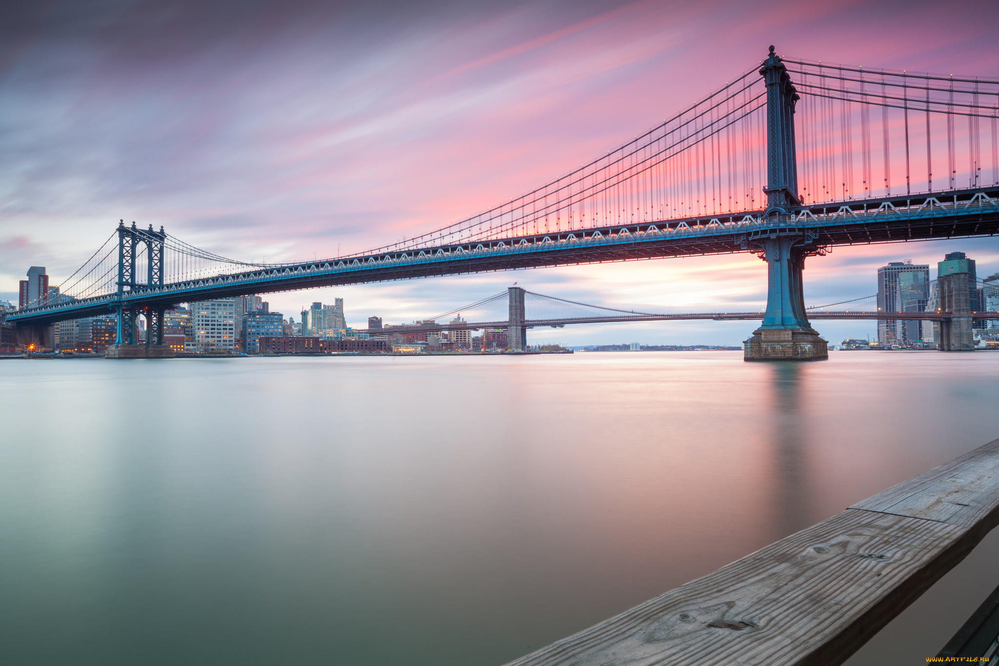 manhattan, and, brooklyn, bridges, at, sunset, города, -, мосты, заря, мосты, утро