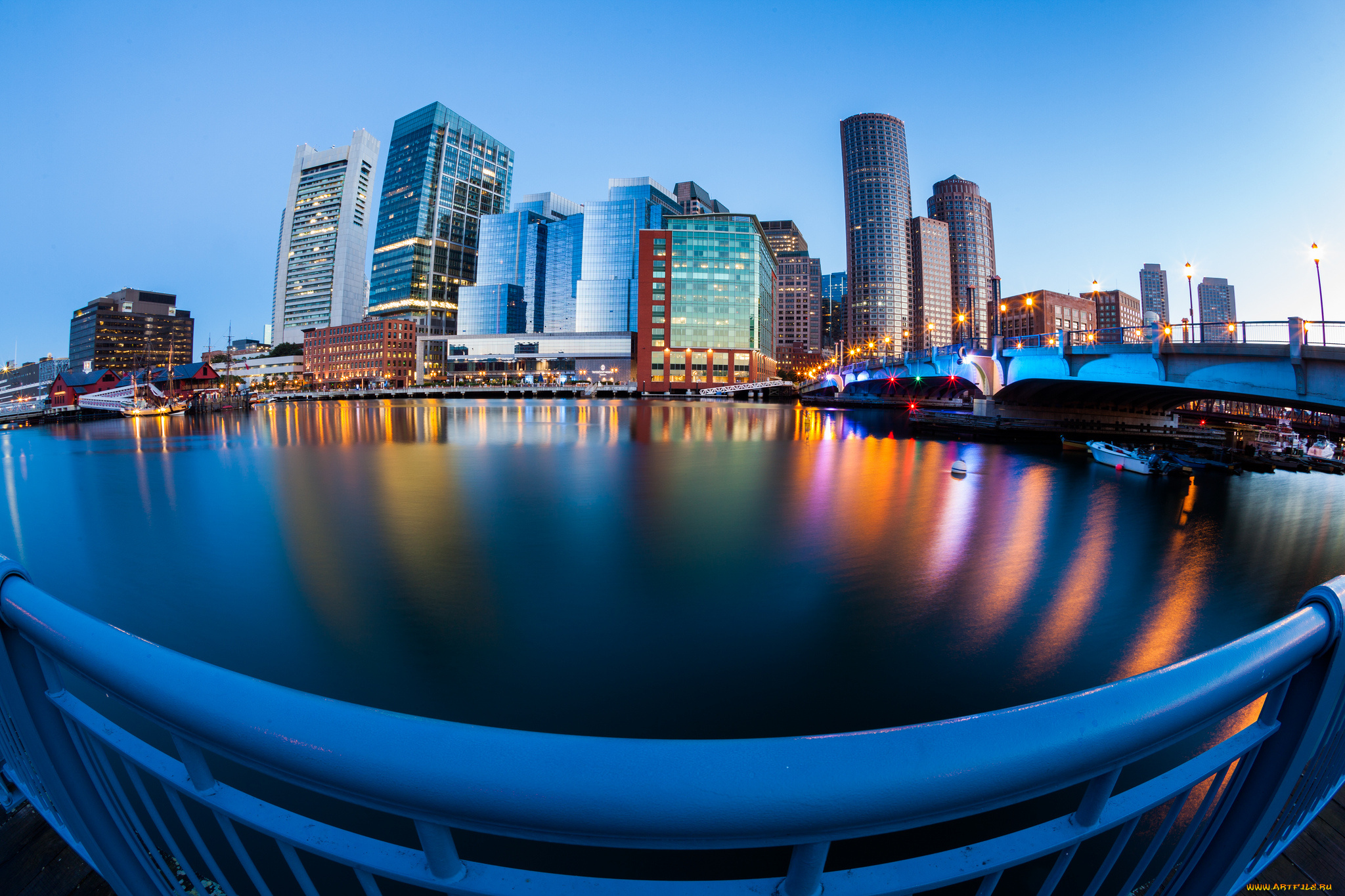 pre-sunrise, , blue, hour, boston, города, бостон, , сша, небоскребы, мост, акватория